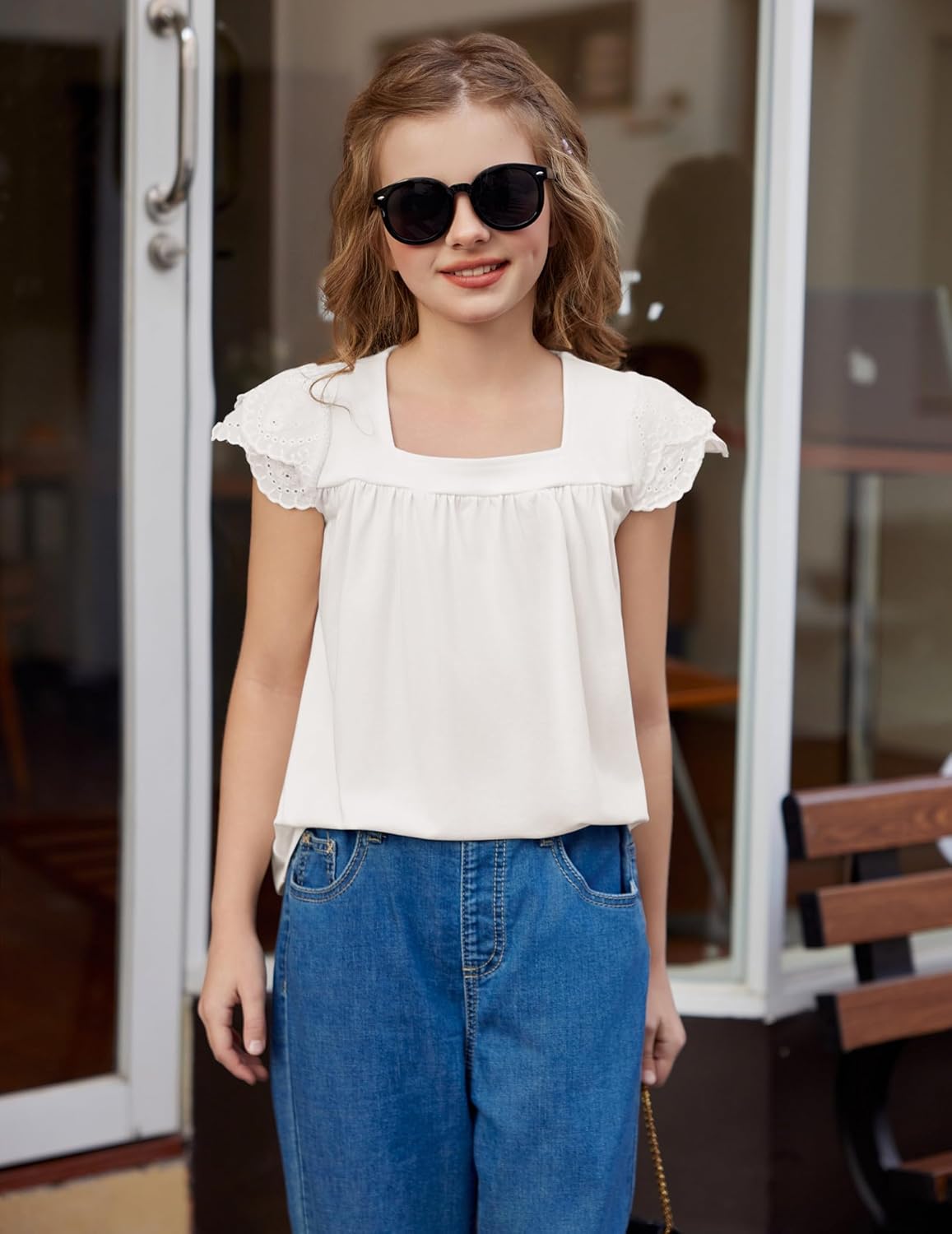 Arshiner Girls Shirts Short Sleeve Square Neck Summer Lace Openwork Pleated Tops Blouse Tunic - Image 3