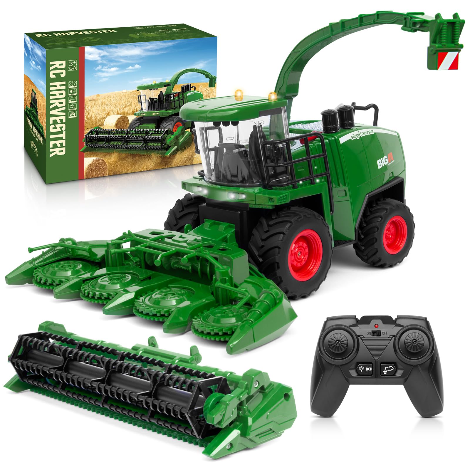Uarzt RC Tractor Combine Harvester Toy, Green, 1:24 Scale, 2 Lithium-Ion Batteries, Realistic Light & Sound Effects, Farming, 3+ Years, Unisex, 10"L x 8"W x 8.6"H