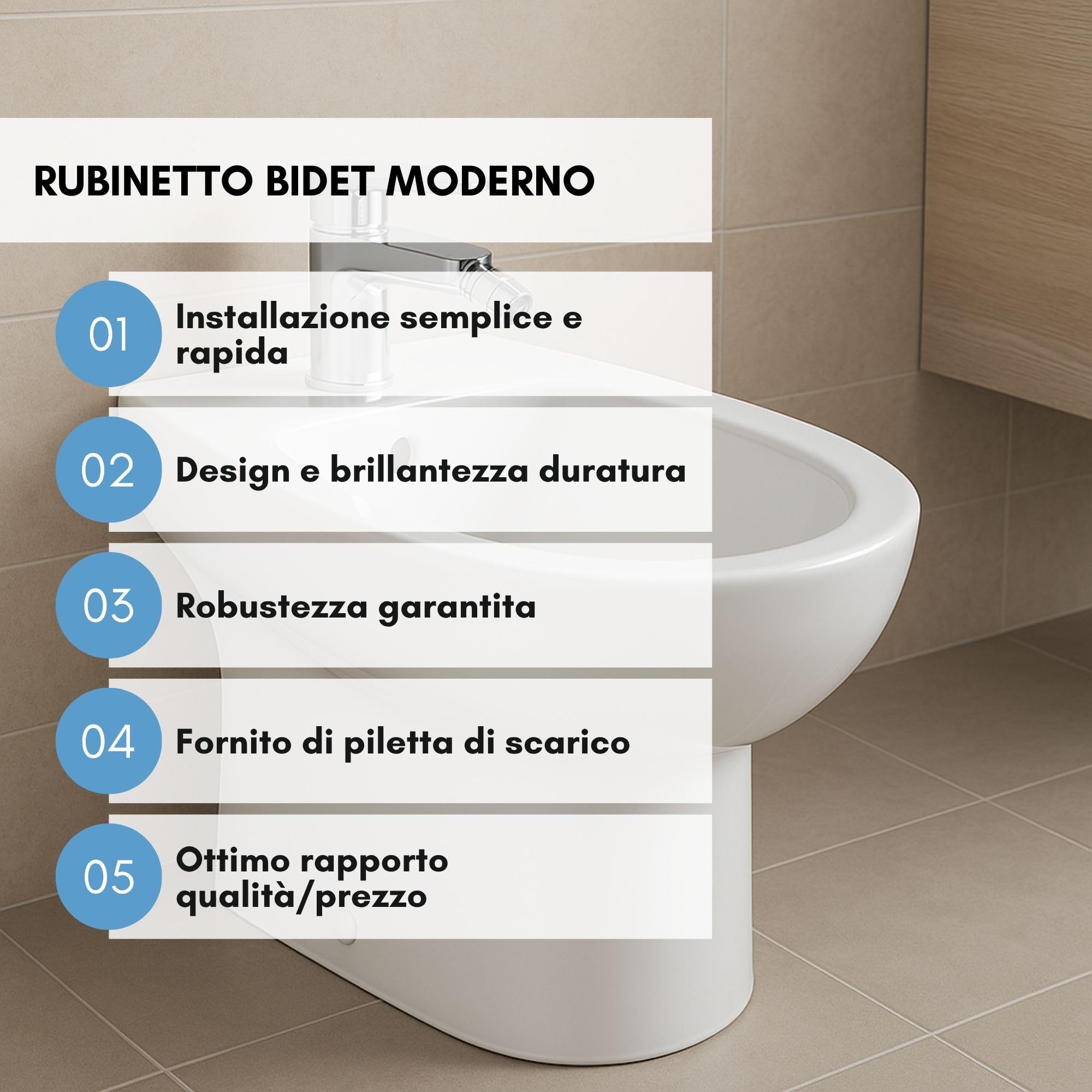 Bidet Łazienka bateria jednootworowa z automatycznym odpływem 1"1/4 Nowoczesny styl | Bateria mieszająca ciepłej i zimnej wody | mosiądz chromowany | Przyłącze 3/8 | Kompletny zestaw łatwy montaż
