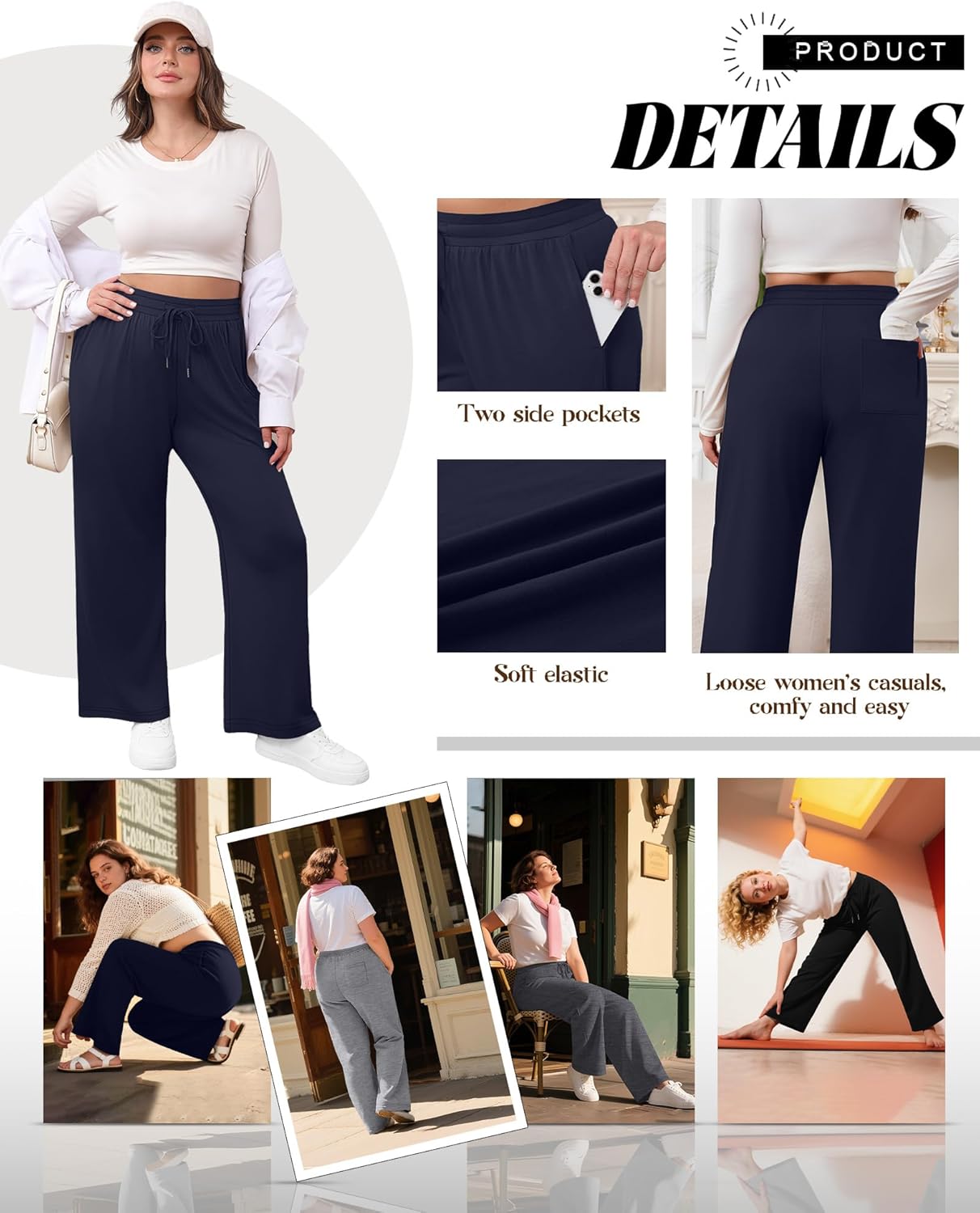 4 Pack Women's Plus Size Lounge Pants, Wide Leg Drawstring Yoga Pants Loose Casual Pajama Sweatpants with Pockets - Image 5