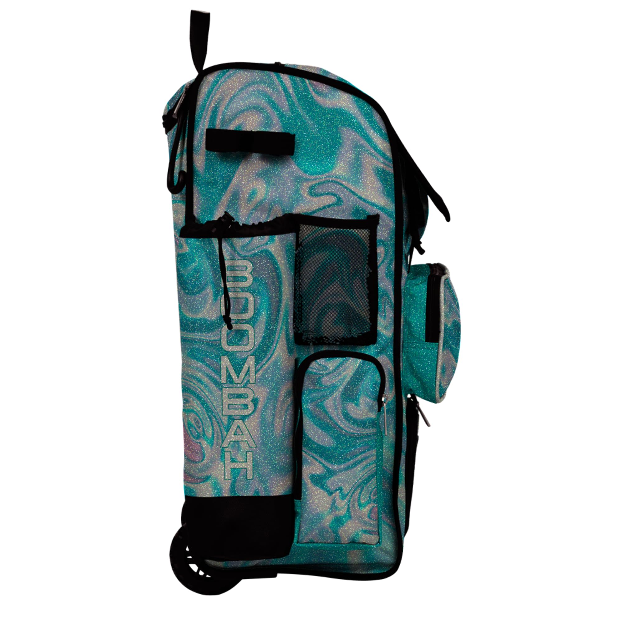 Boombah Rolling Superpack Baseball/Softball Gear Bag - Telescopic Handle - Holds 4 Bats - Wheeled Version - Shake Glitter Aqua/White/Tropical Green