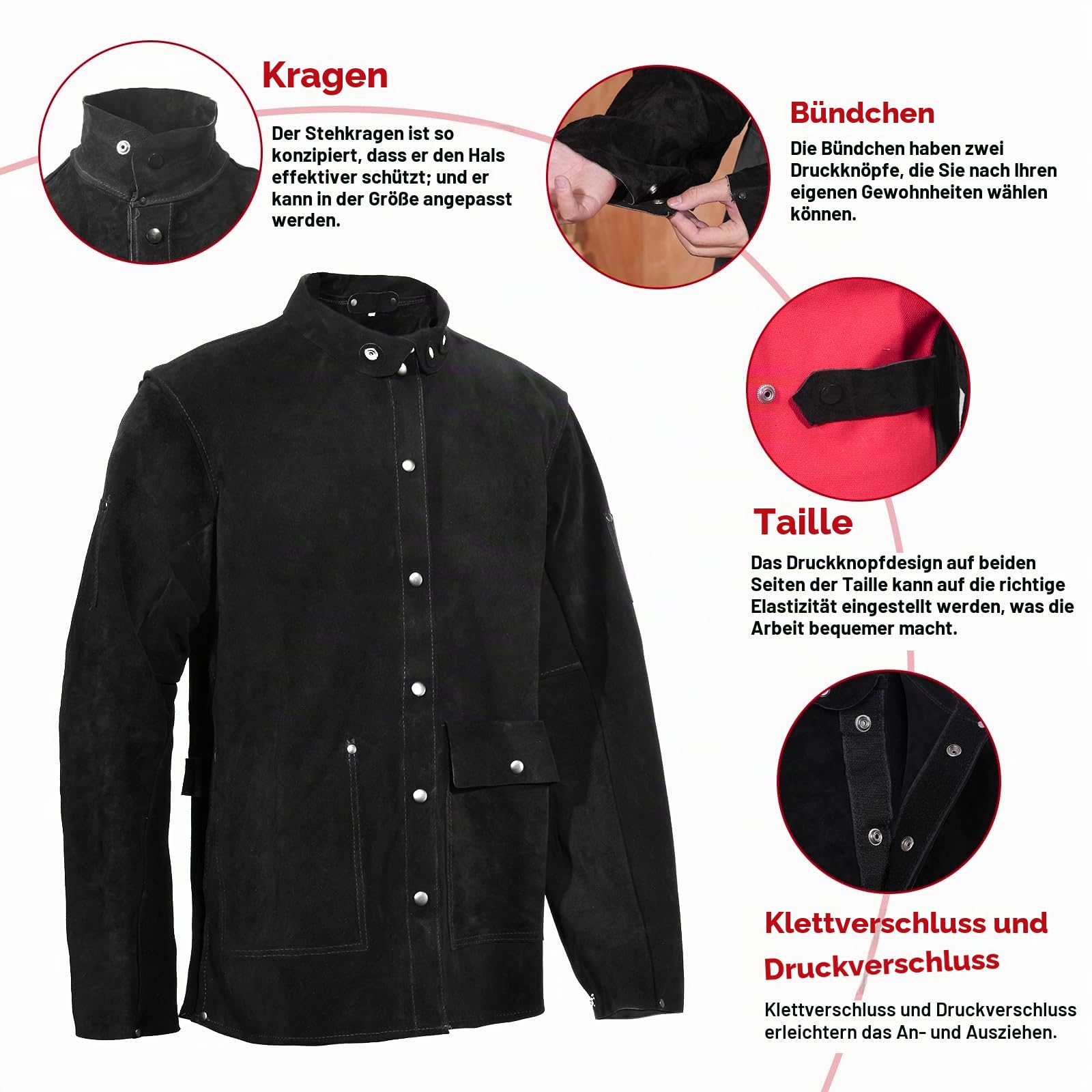 QeeLink Schweißerjacke Leder, Flammhemmend, Feuerfeste Arbeitslederjacke | Hitzebeständig, Atmungsaktiv, Strapazierfähig