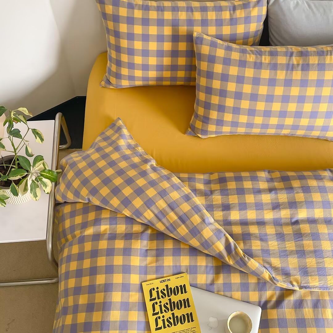 MKXI Purple &amp; Yellow Plaid Duvet Cover Set - 3 Piece Washed Cotton Reversible Bedding Queen Soft Vintage Checkered Design with Zipper Closure &amp; Corner Ties