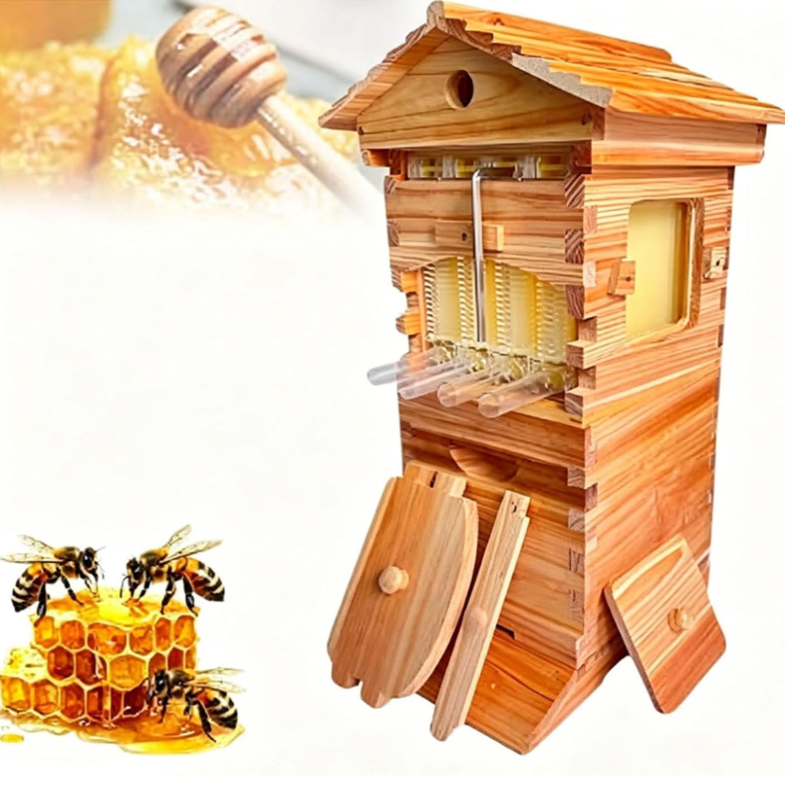 Kit per Alveare a Flusso Verticale, Alveare in Legno Robusto con 4 telaini e 6 vassoi per favi per Una Facile Raccolta del Miele, Ideale per Appassionati di Apicoltura Domestica.
