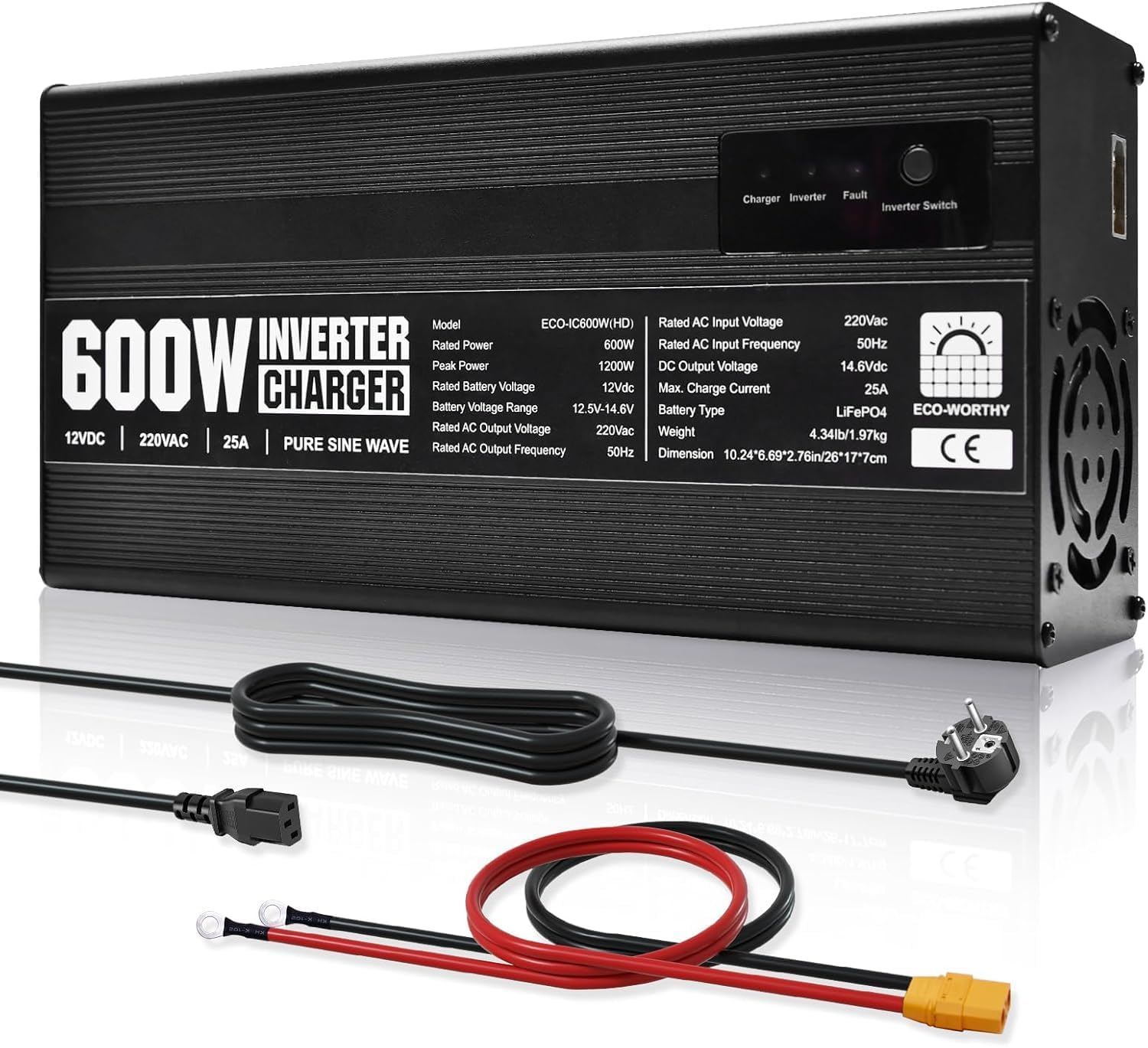 ECO-WORTHY LiFePO4 14,6 V 25 A Caricabatterie con convertitore 600 W da 12 V a 230 V, priorità alla rete e funzione UPS, per batteria LiFePO4 Deep Cycle, auto, camion, veicoli turistici