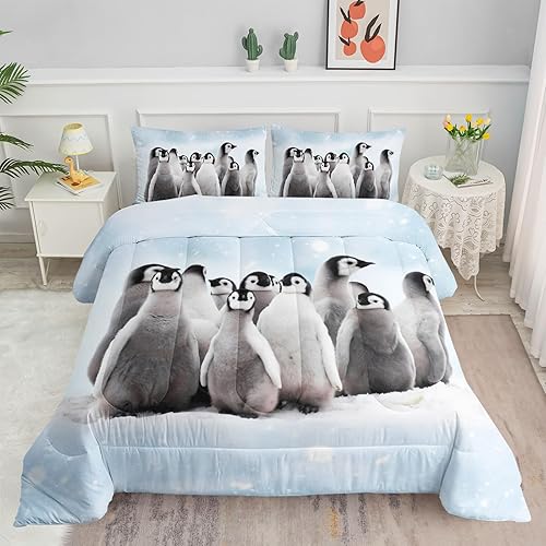Datura home Juego de edredón con estampado de pingüinos y nieve, juego de ropa de cama con 1 edredón y 2 fundas de almohada para dormitorio de niñas