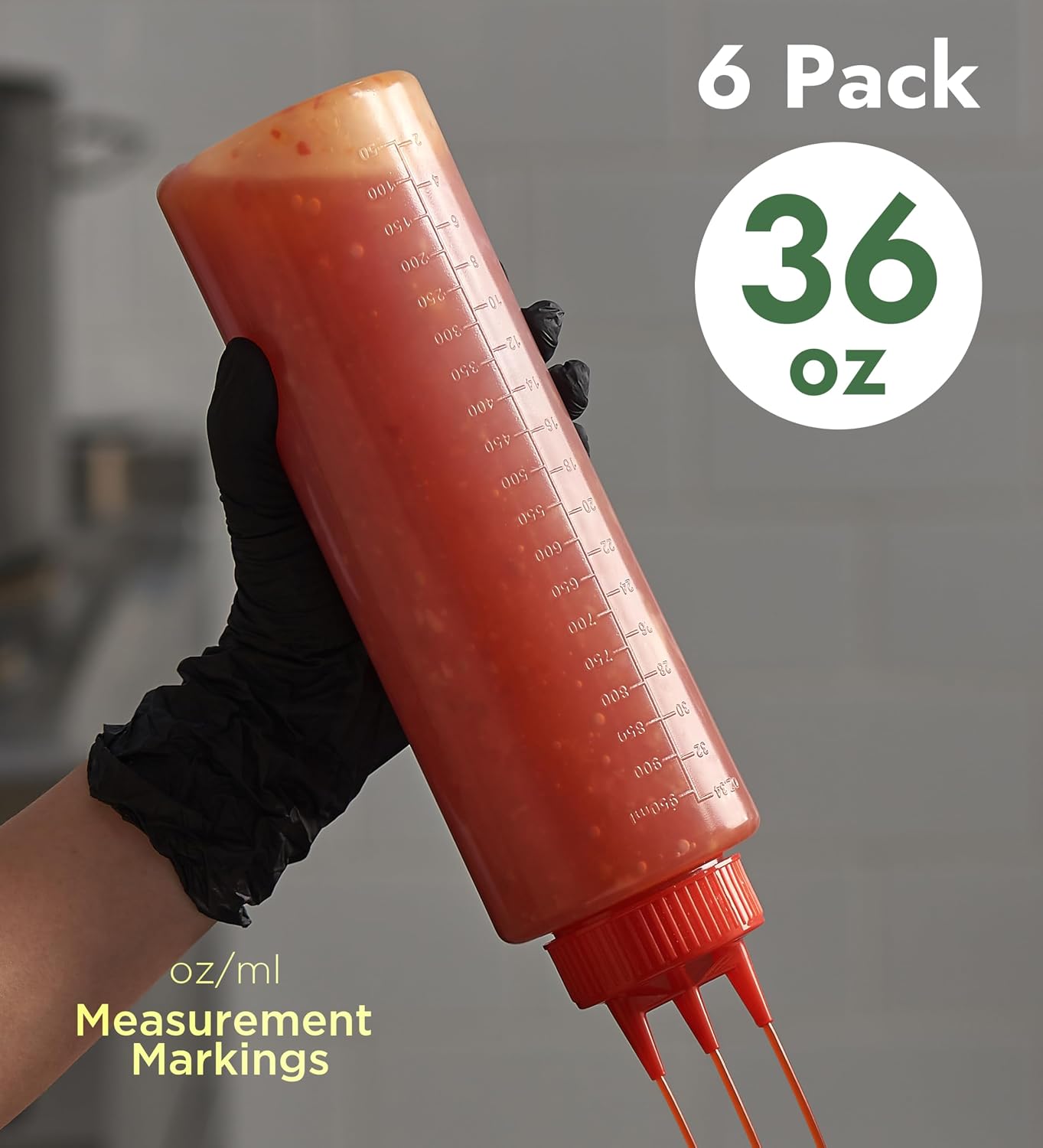 CURTA 6-Pack 36 oz Clear Squeeze Bottle with 3 Open Tips, BPA-Free Easy-to-Squeeze Plastic Condiment Dispenser with oz & ml Markings for Sauce, Oil, Dressing, Dishwasher Safe, Red image 2