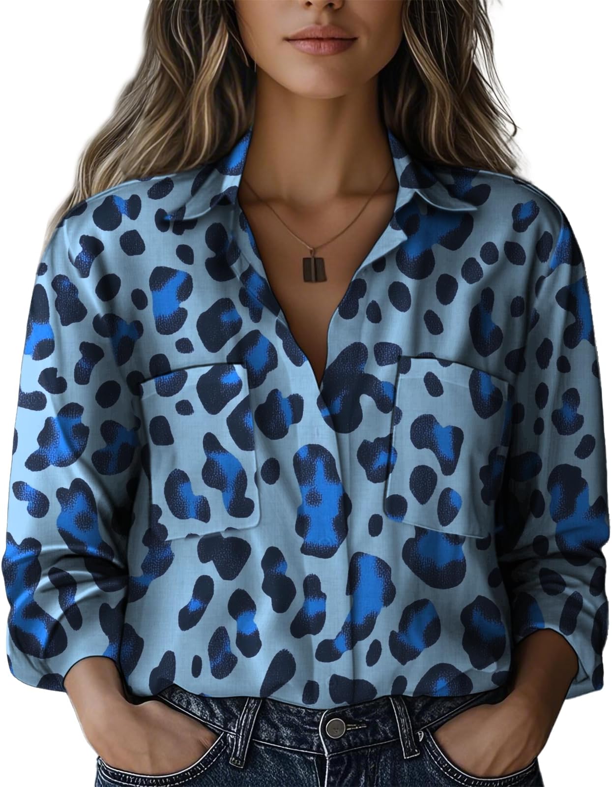- Button Down Shirts for Women Loose V Neck Collar Bohemian Blouses Rolled Three-Quarter Sleeve Tunic Tops