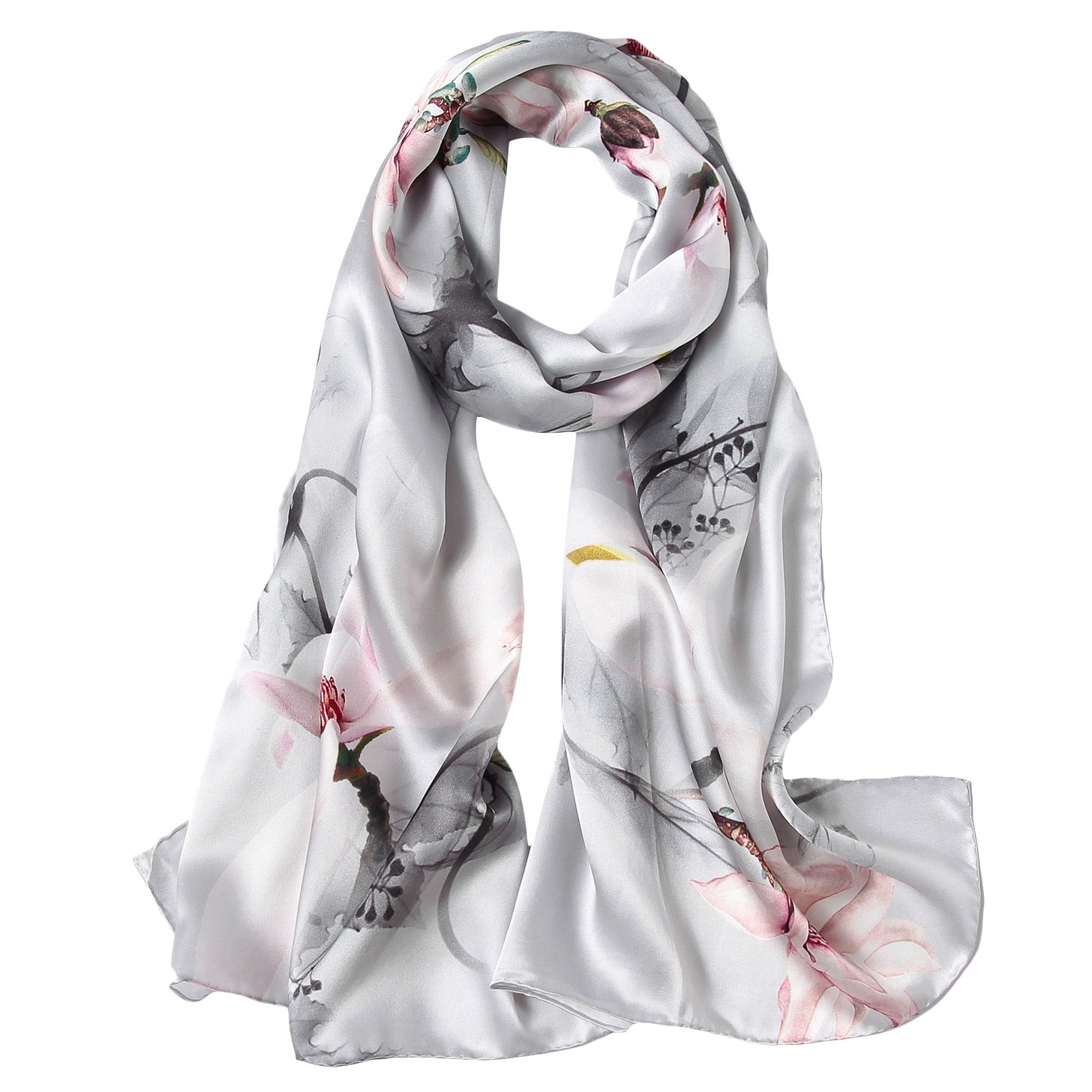 Smi&LoveWomen's 100% Mulberry Silk Scarf Floral Print Satin Long Scarf Wrap Shawl