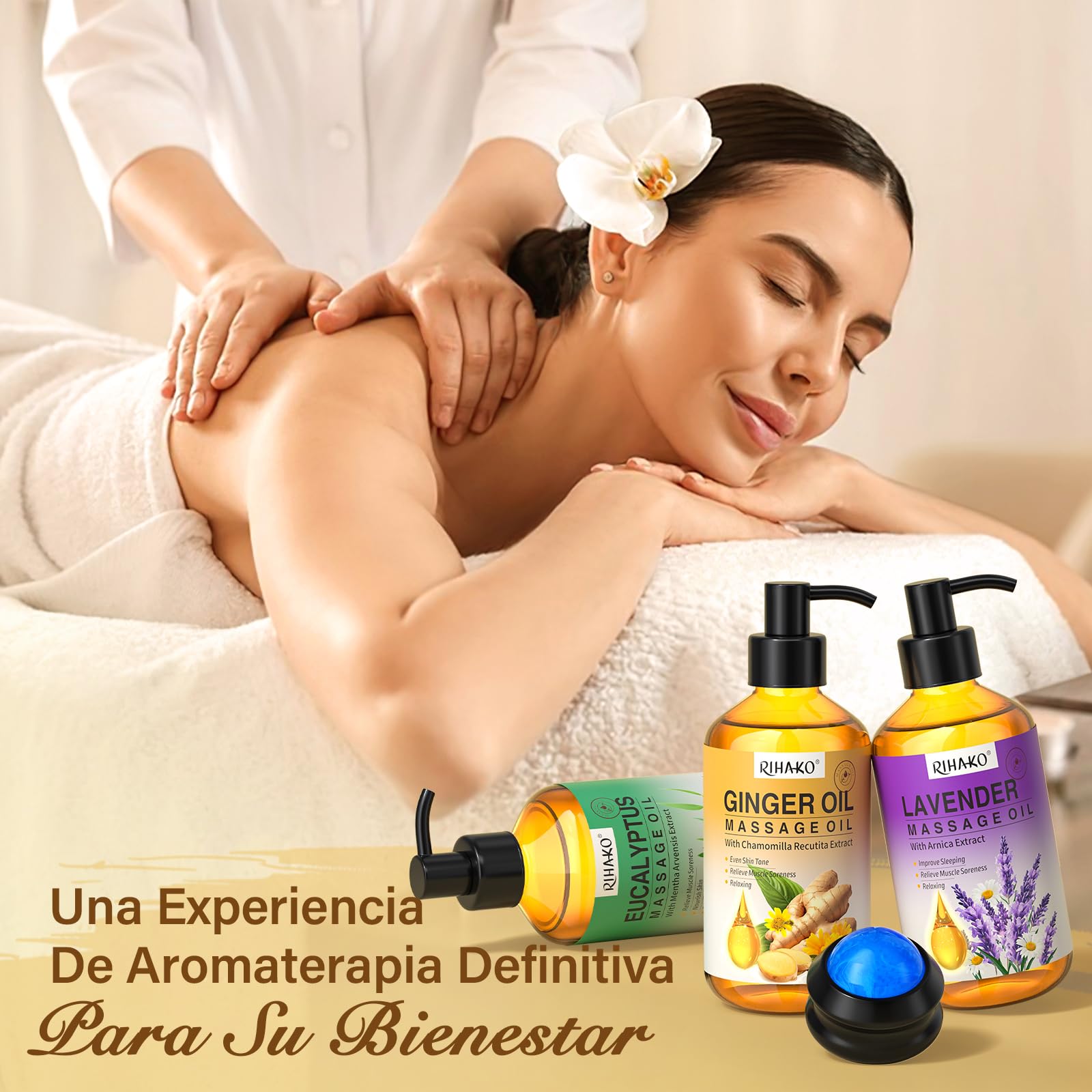 Set de aceites de masaje para terapia de masaje, drenaje linfático, aceite de jengibre, aceite de lavanda, aceites de masaje de eucalipto para músculos doloridos y bola de masaje, 3 x 100 ml