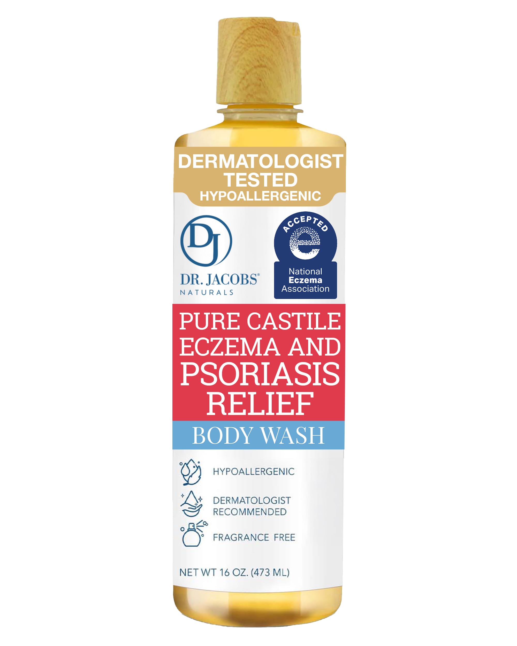 Dr. Jacobs Naturals Hypoallergenic Castile Soap, Dermatologist Tested Unscented Soap for Eczema & Psoriasis Relief - Sensitive Skin Body Wash, Vegan & Gluten-Free Formula for All-Day Hydration -16oz