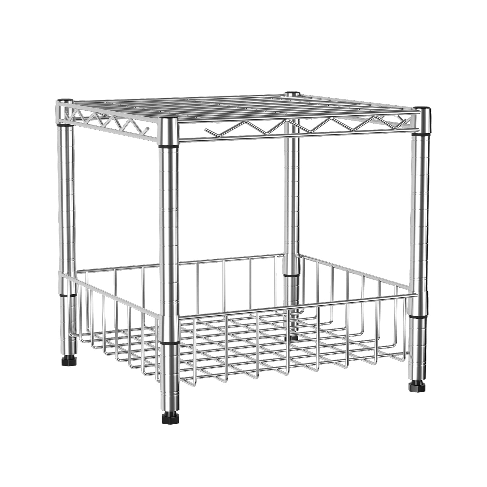 2-Tier Metal Storage Shelf, Stackable Wire Shelf with Basket, Height Adjustable Shelf for Small Spaces, Multifunctional Home Organizer for Kitchen, Closet, Pantry, Garage, Bathroom 2段-幅38cm