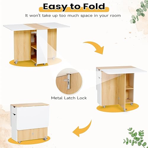 Miniatura 6 de Mesa de comedor plegable, mesa de comedor versátil con ruedas bloqueables y almacenamiento, mesa de comedor extensible que ahorra espacio con cajón,