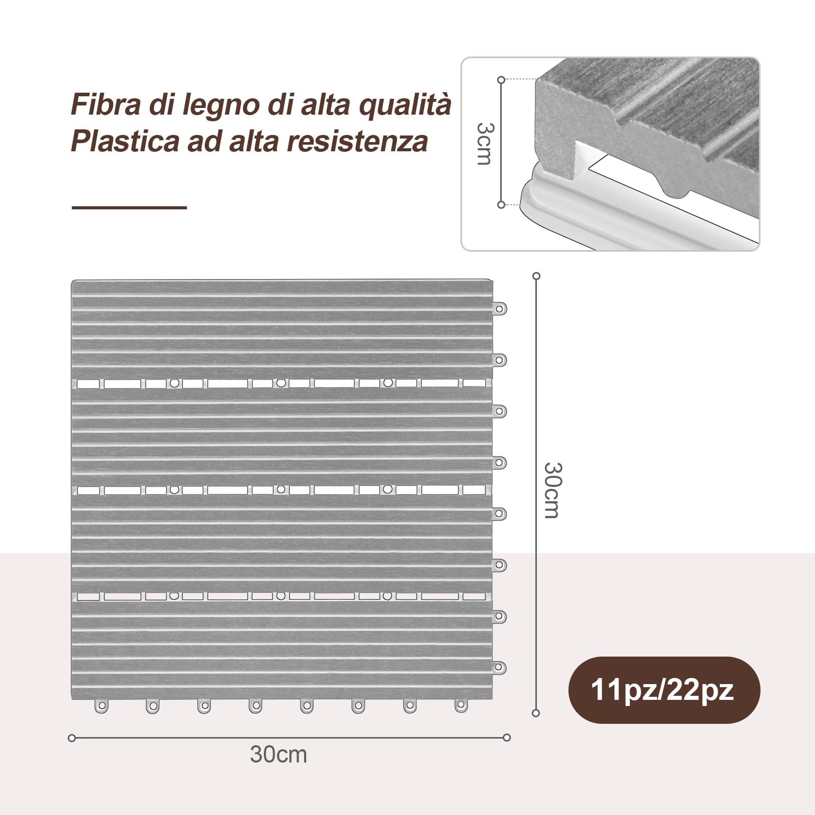 Laneetal Set di 22 Pavimento per Esterno, Pavimento WPC Incastro, per Giardino, Patio, Terrazza, Balcone, Pavimentazione Esterna 30x30 cm, Marrone