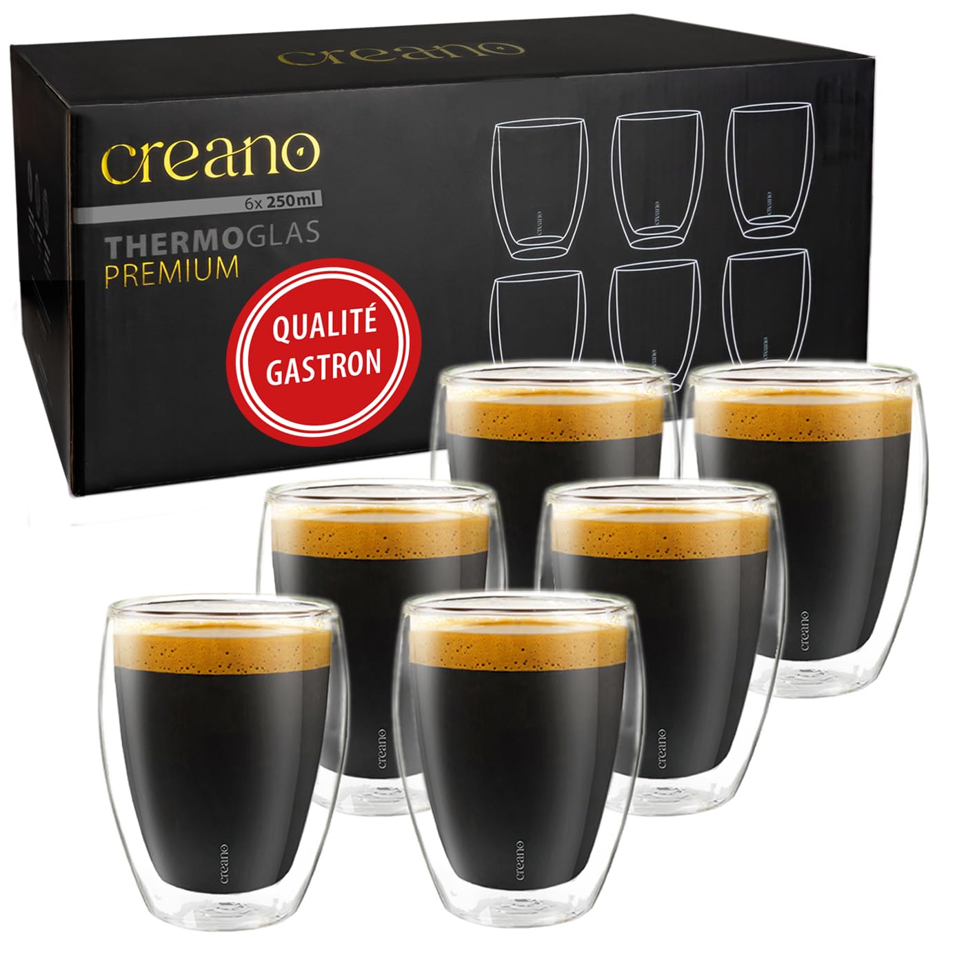 Creano PREMIUM Verres à double paroi 250 ml – Lot de 6 | 100 % compatibles lave-vaisselle grâce au joint GastroSeal – Qualité professionnelle