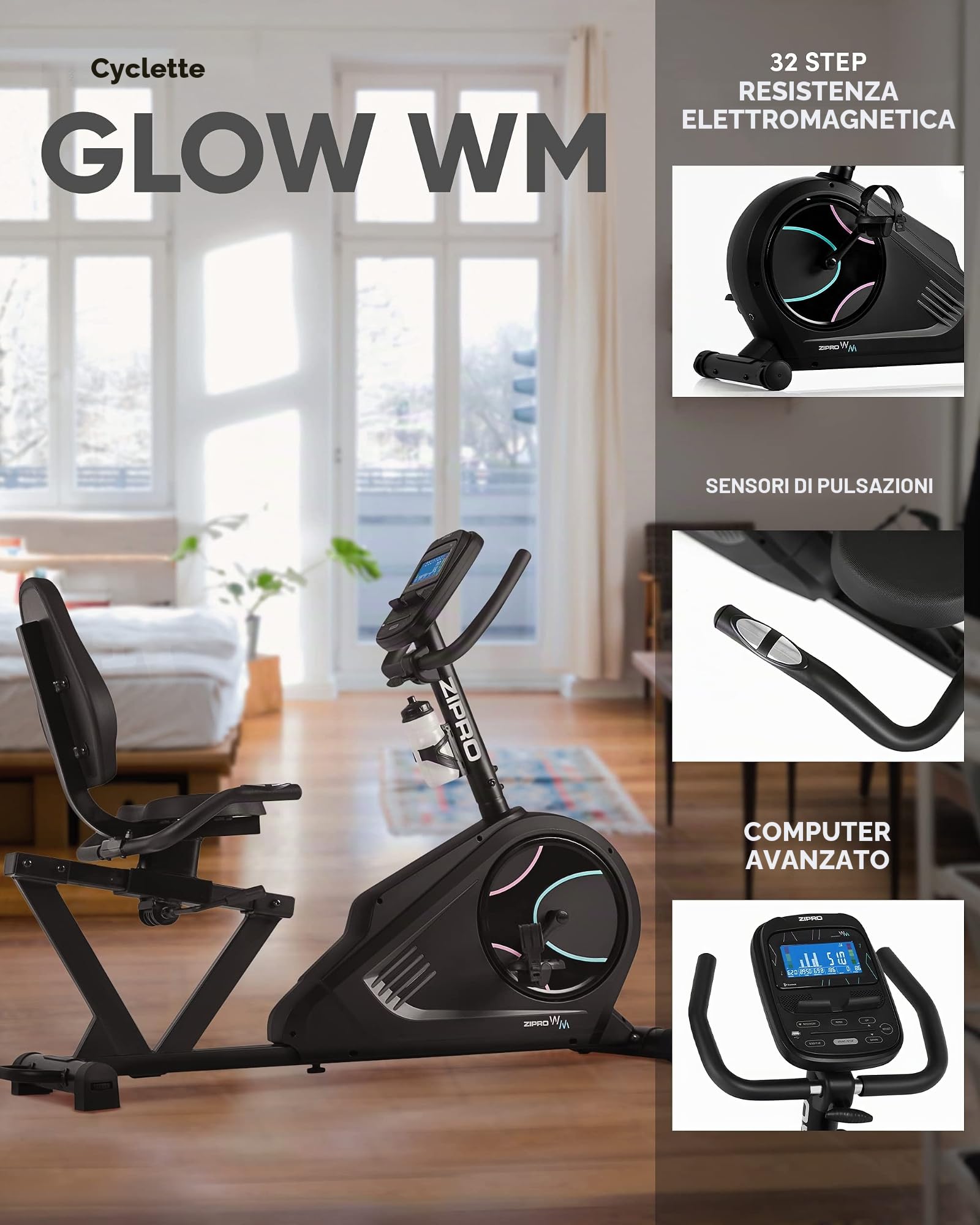 Zipro Cyclette Glow, Fitness Bike Ergometrico, Trainer Magnetico per Bicicletta, Ergometro fino a 150 kg, Bici da Interno, Cyclette per Allenamenti Domestici, Cyclette da Ciclismo con Cavo