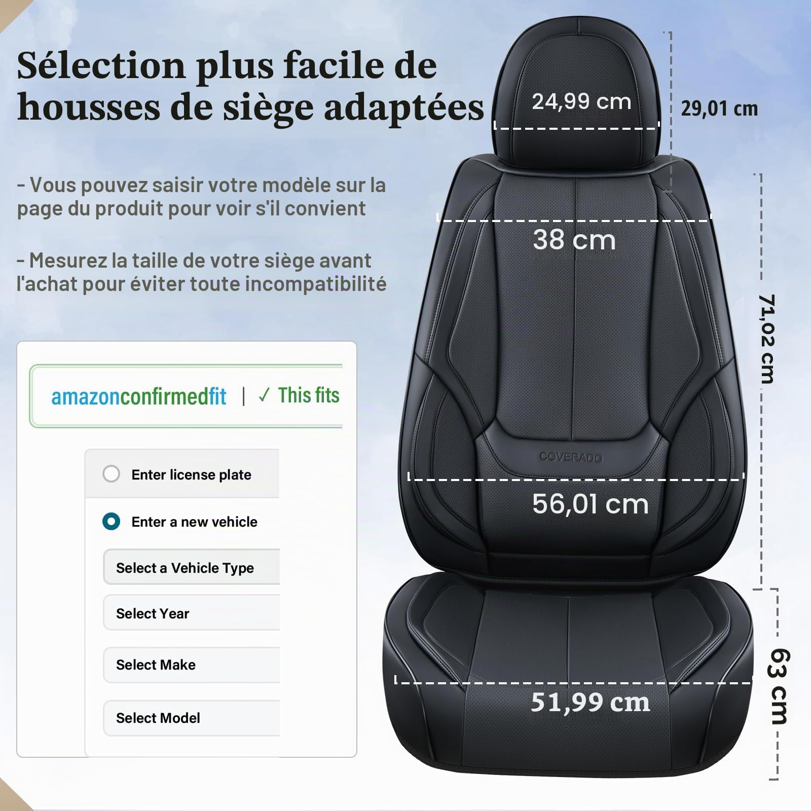 Coverado Housses de siège, Protecteurs de siège Auto en Cuir Nappa imperméables, Ajustement Universel pour la Plupart des camionnettes SUV berlines, Avant 2 pièces - Plein Noir