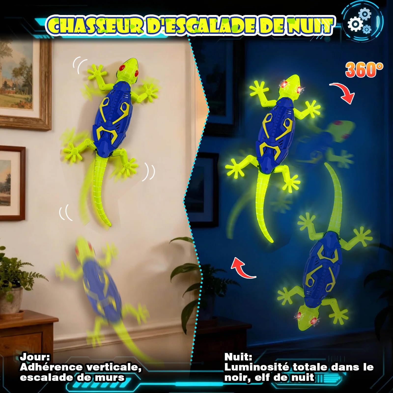 Gecko Radiocommandé Fluorescent, Lézard Télécommandé Qui Grimpe au Mur et Plafonds, Jouet Interactif avec Yeux LED Lumineux, Cadeau Enfants 3-9+ Ans