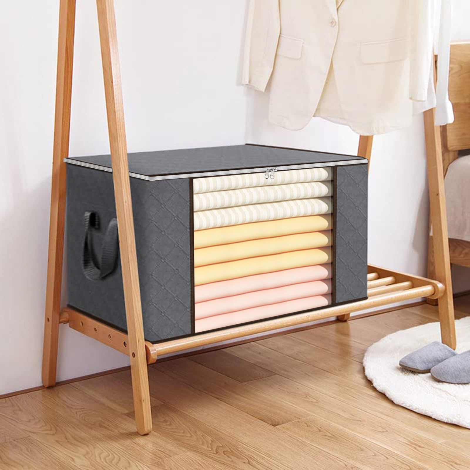 6 Pezzi 90L Scatole per Vestiti, Contenitori per Armadio Salvaspazio Pieghevole con Manico rinforzato Organizer Armadio, contenitori sottoletto per Coperte, Biancheria da Letto, Grigio