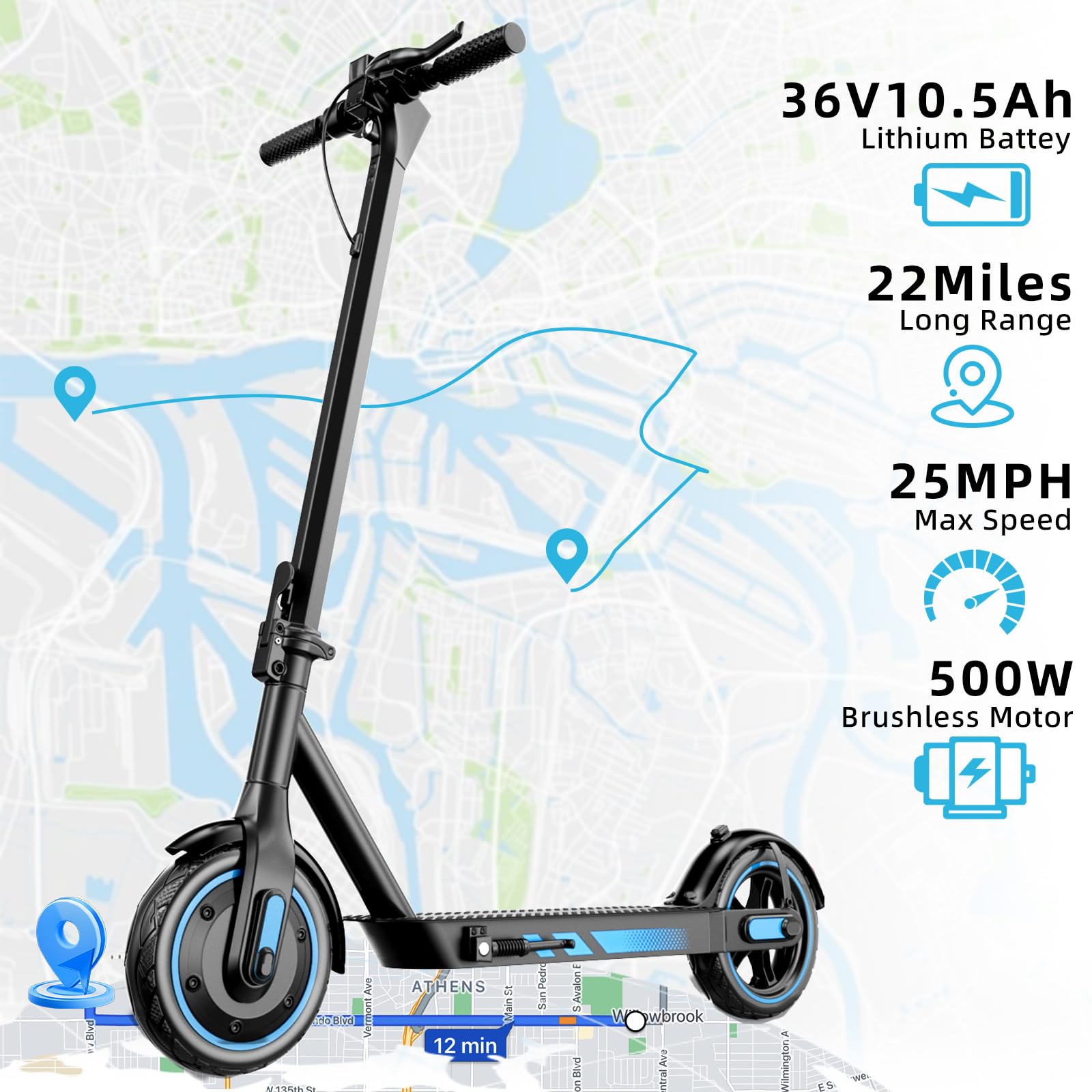 Electric Scooter Adults, Up to 25 Mph and 22 Miles Range, 500W Motor E-Scooter with 10