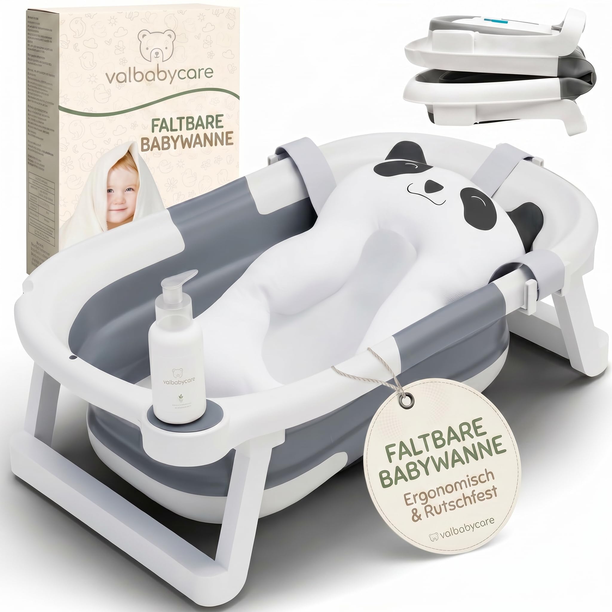 Baby Badewanne Faltbar Antirutsch Ergonomisch Neugeborene Bis 2 Jahre mit Panda Kissen Groß und gepolstert Faltbare Babybadewanne Babywanne Tragbare Wanne Leicht Zu Reinigen BathTub Bath VALBABY