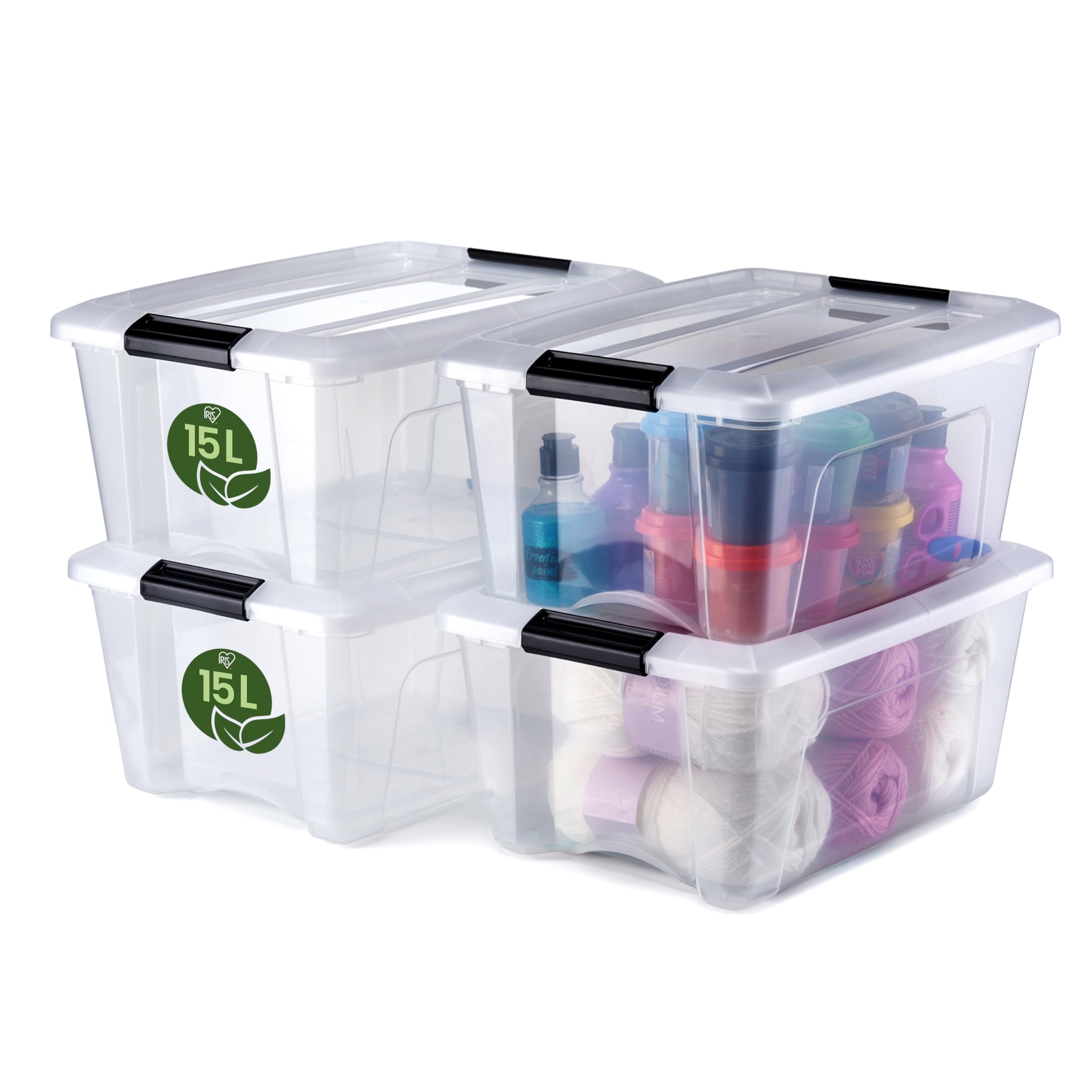 Iris Ohyama, Aufbewahrungsboxen mit Deckel, 15 l, 4er-Set, Transparent, 100% Recycelter Kunststoff, Verschlussclips, Griff, Stapelbar, für Schlafzimmer, Ankleidezimmer, Büro, BPA-frei, NTB-15
