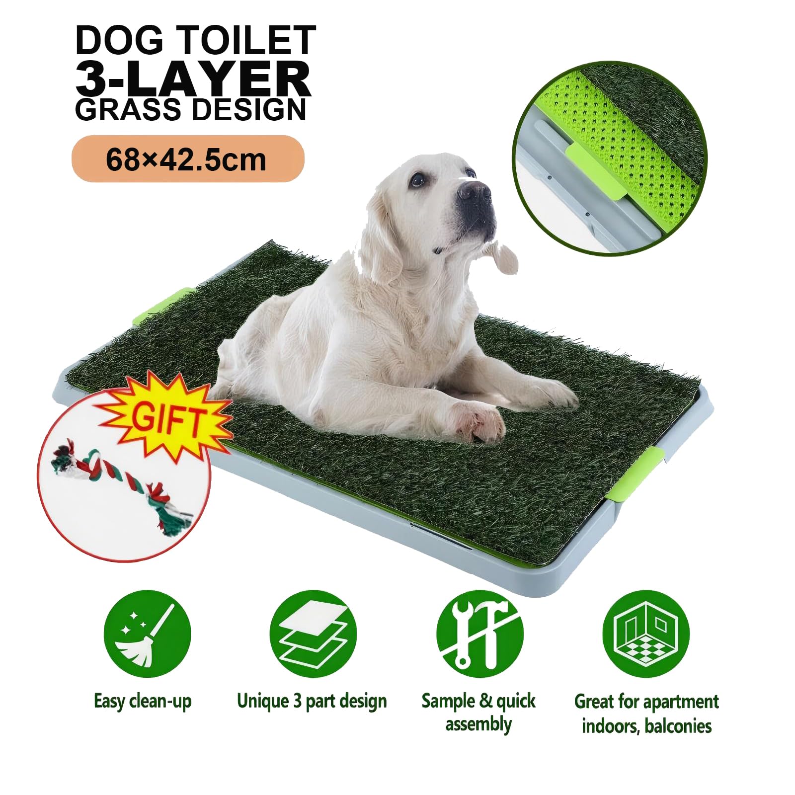 Inodoro para perros, diseño de hierba de 3 capas, soporta hasta 100 kg