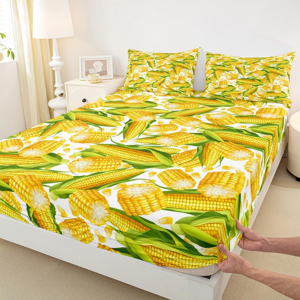 Harvest Themed Bed Sheet Set Farm Plants Fitted Sheet for Ultra Soft Corn Bedding Cover Set Room Decor Queen (No Flat Sheet)