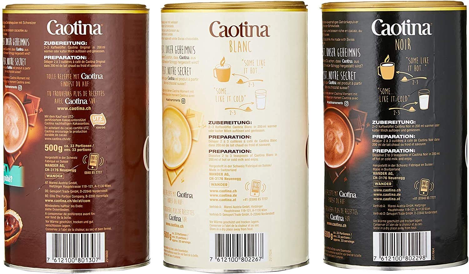 Caotina set de 3, original, noir, blanc, Poudre de Cacao avec du Chocolat, Du Chocolat Chaud, 3 x 500g