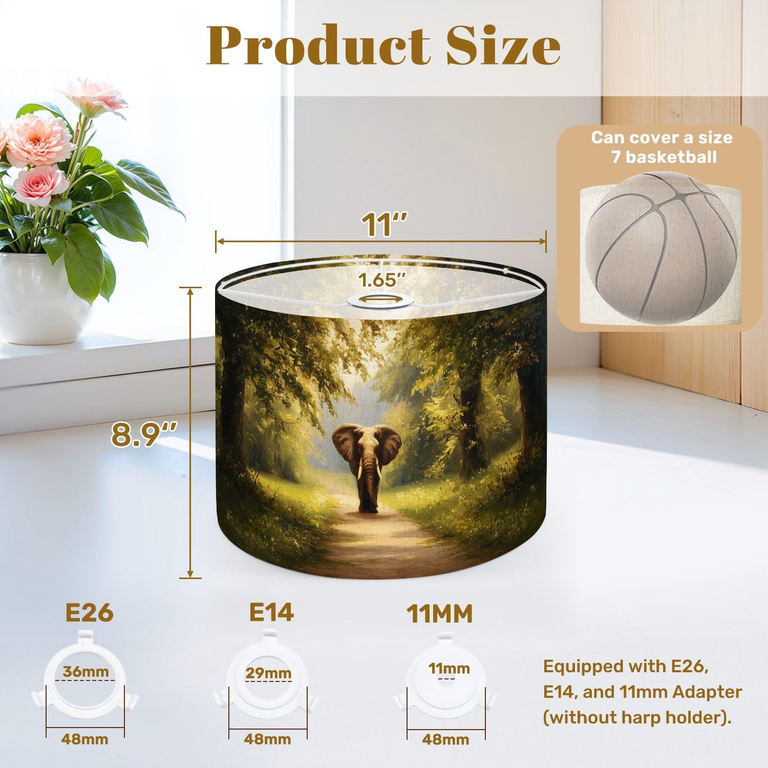 Lamp Shade Elephant Wild Animal Colorful Floral Tree Forest Oil Painting Sunlight Drum Lamp Shades for Table Lamps Floor Lamps Pendant Light 8.9"x11"x11" Replacement Lampshade Large Linen Lampshades