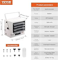 Vista 7 de VEVOR Calentador Eléctrico para Garaje de 5000W, Montaje Digital de Pared/Techo con Ventilador Forzado y Control Remoto, Temporizador de 9 Horas
