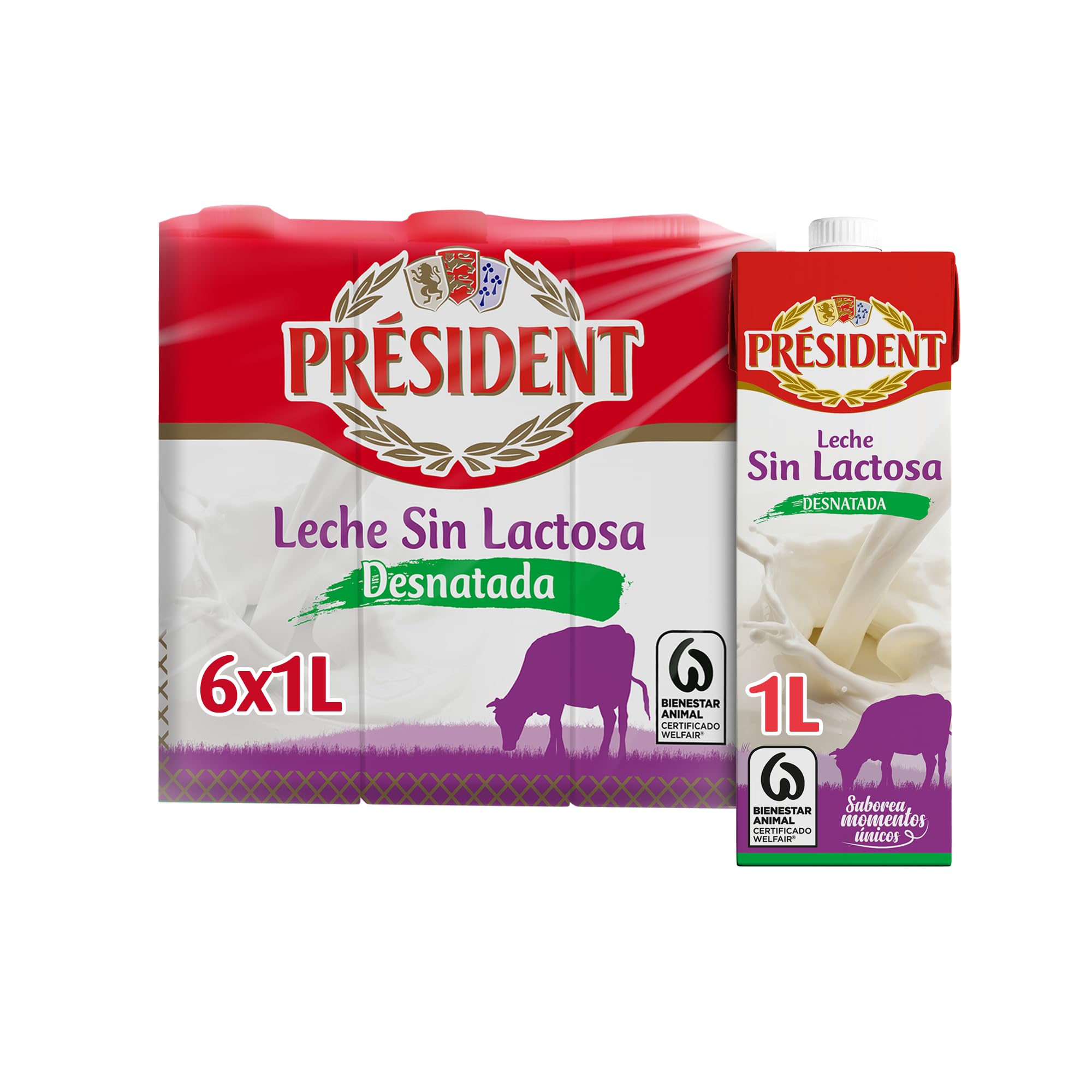 Président Leche Desnatada Sin Lactosa UHT Galicia Pack 6 x 1 L