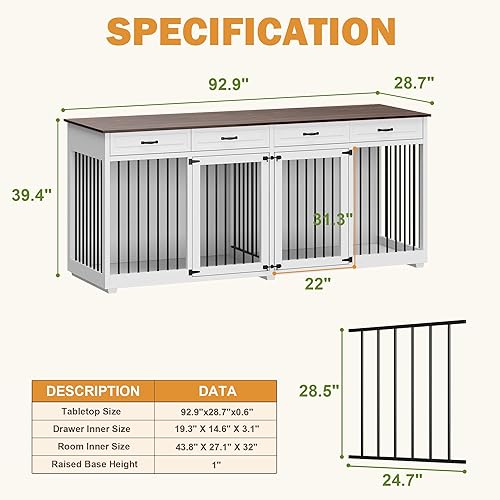 Miniatura 35 de Muebles grandes para perros, jaula de madera resistente para perros de 72 pulgadas con habitaciones dobles, 2 cajones y un divisor para razas