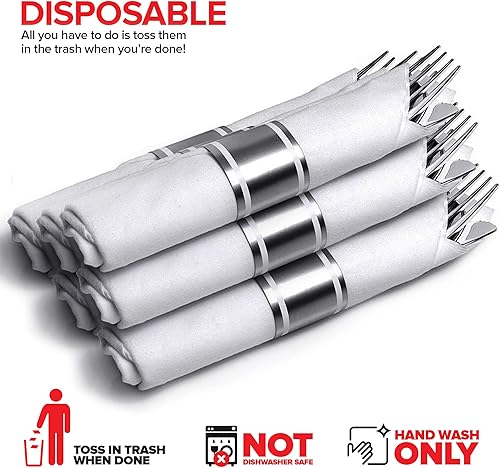 Miniatura 5 de Juego de cubiertos de plástico preenrollados para fiestas paquete de 25 unidades juego de cubiertos plateados cucharas desechables tenedores