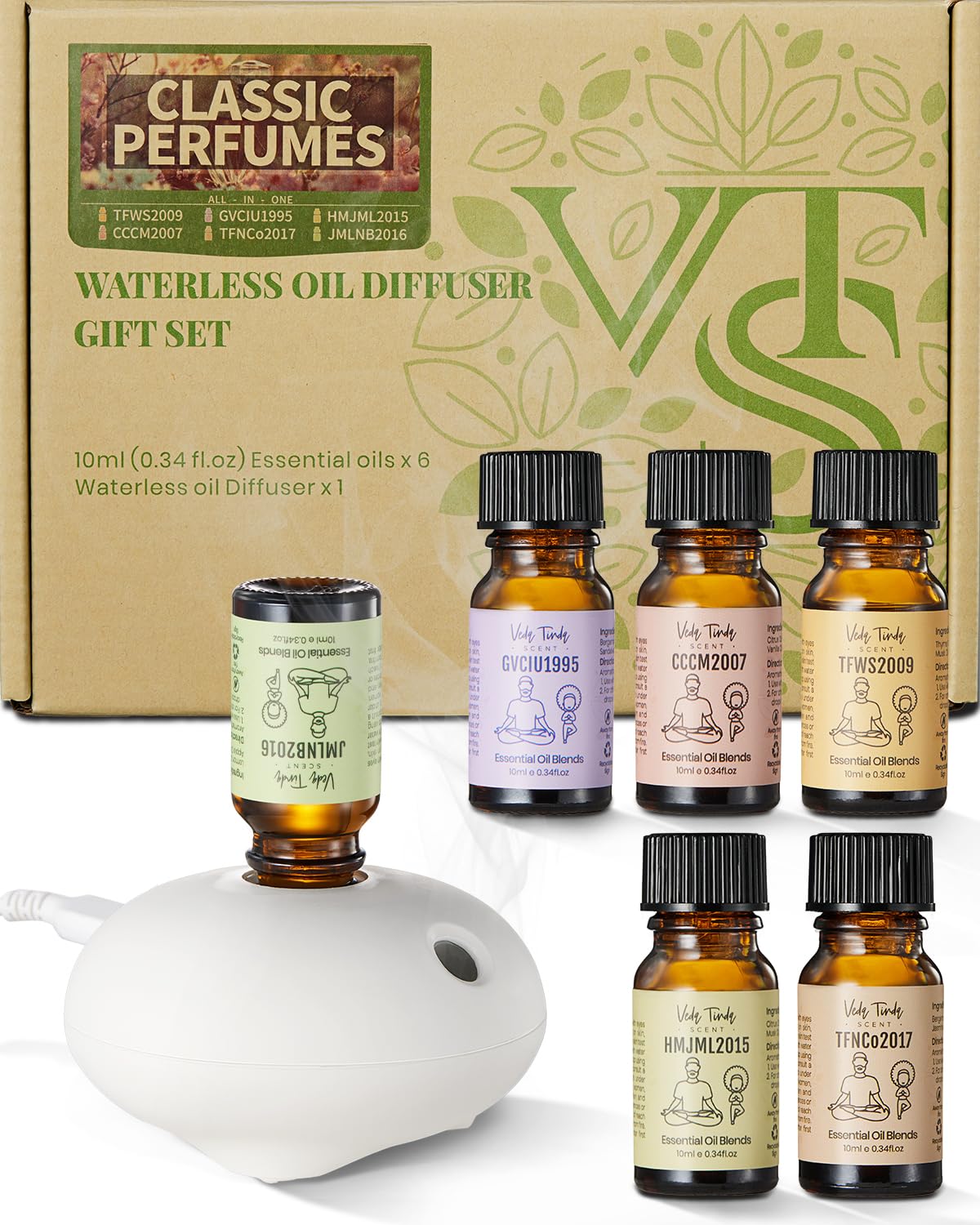VTS Waterless Diffuser with Classic Perfume Scent Essential Oils Set,Rose/Bergamot/Jasmine/yilan/Lilac Composite Essential Oil for Essential Oil Nebulising Diffusers, Home Fragrance Aromatherapy
