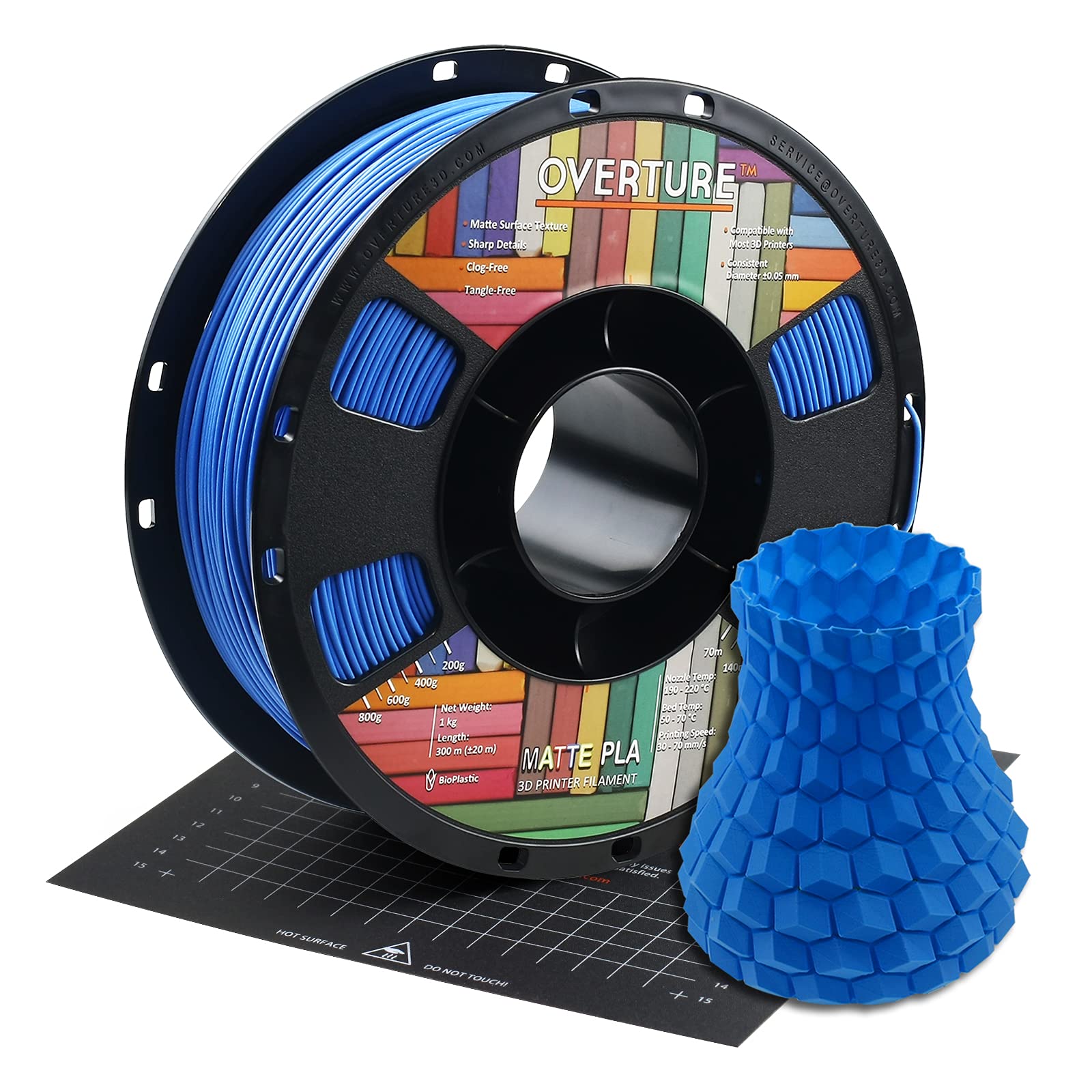 OVERTUREMatte PLA Filament 1.75mm,PLA Matte Filament 1.75mm,1kg Spool (2.2lbs),Dimensional Accuracy +/-0.03mm, Fit Most FDM Printer(Matte Blue)