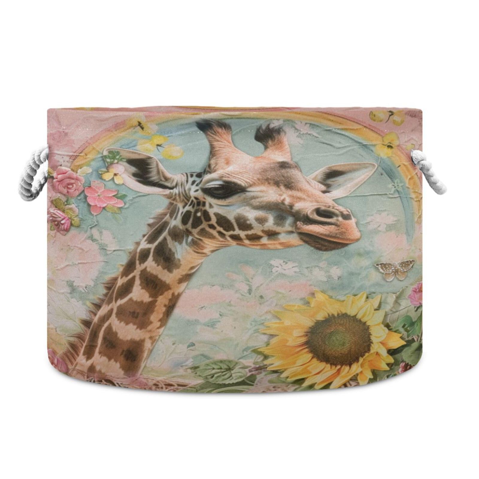 Collapsible Canvas Storage Organizer Bin, Giraffe (14) Storage Basket Laundry Hamper with Handle for Clothes Playroom Decor, Large, 20 in Diameter