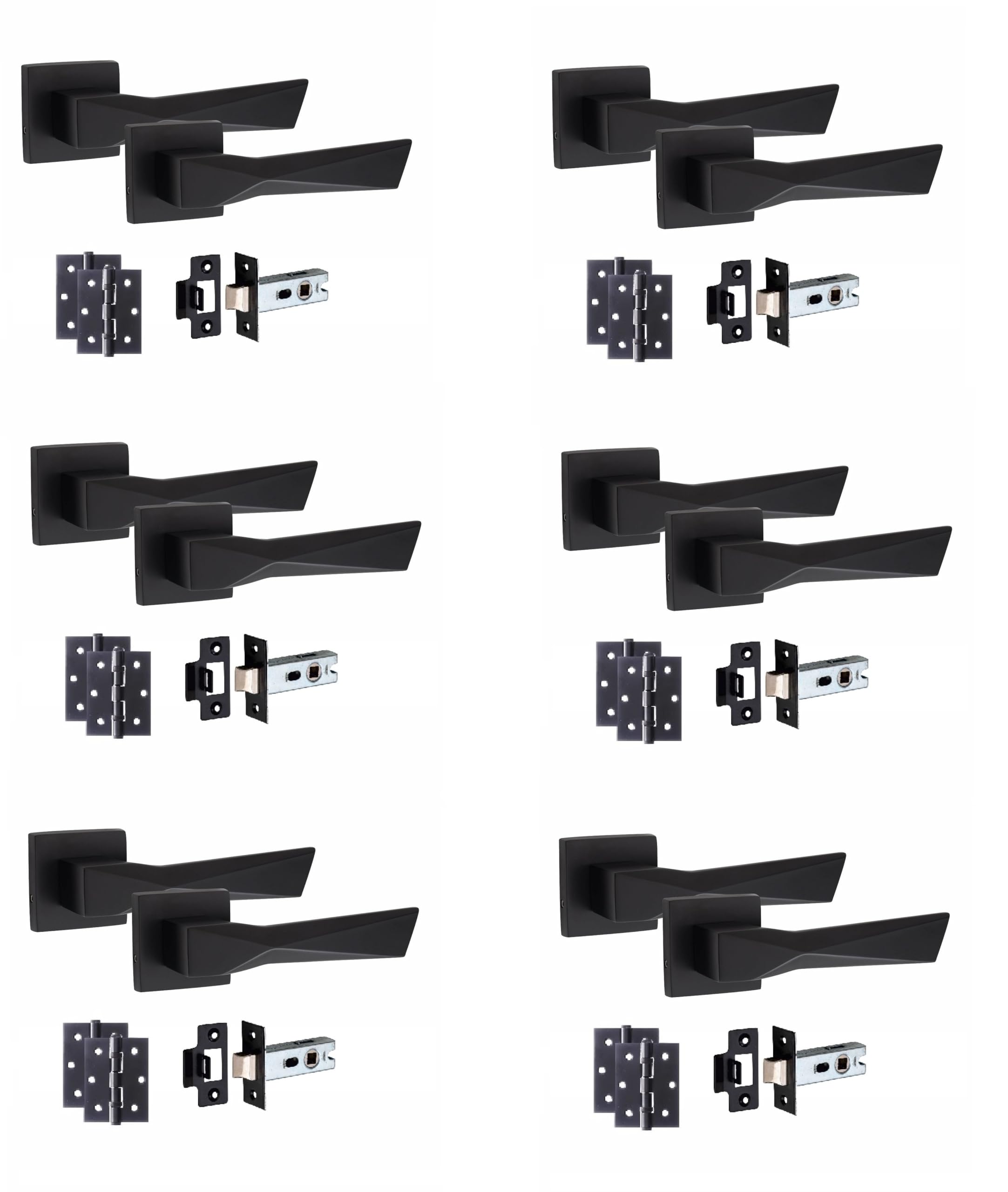 Golden Grace Aura Matt Black Door Handle Set 6 Pack - Contemporary Design - Square Rose Backplate