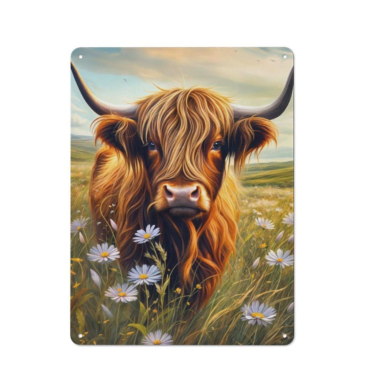 Junmoney Cute Highland Cow In Field Tin Wall Plaque 40X30cm With For Guest Room Or Hallway, For Hallway Wall Decor Fans
