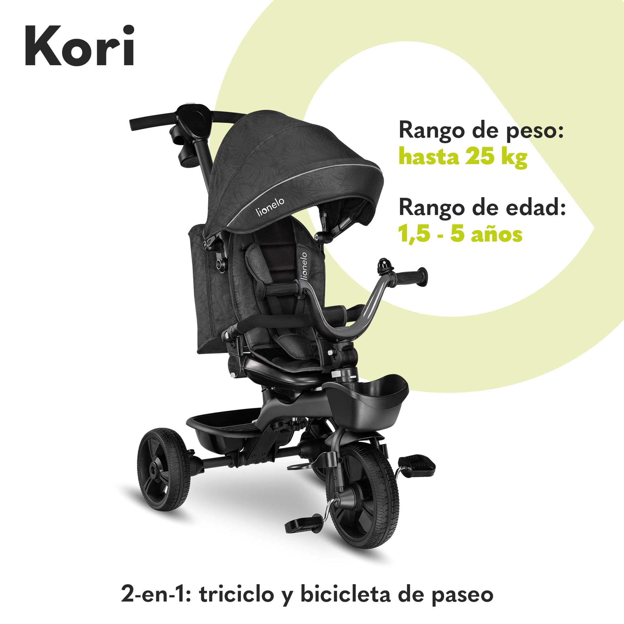 LIONELO Kori Bicicleta 2 en 1 Niño hasta 25 kg 1,5-5 años Triciclo y Bicicleta de Paseo Cinturones de 3 Puntos con Fundas Cubierta de llanta Pesa Solo 9 kg 2 cestas para Juguetes Gris