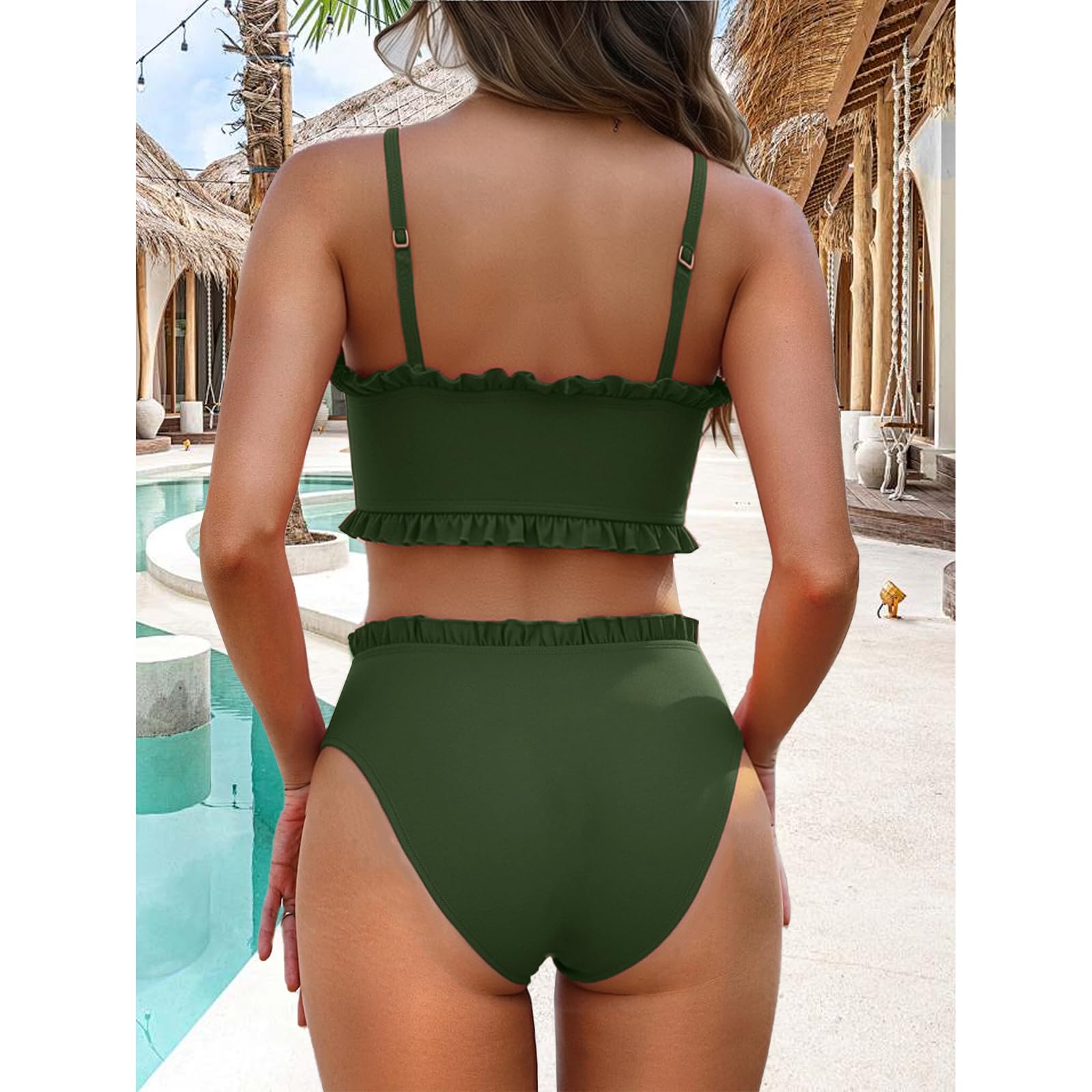 OUSIMEN Damski zestaw bikini z regulowanymi ramiączkami, dekolt w kształcie litery V, falbanki, węzły motylkowe, moda kąpielowa, dwuczęściowy strój kąpielowy
