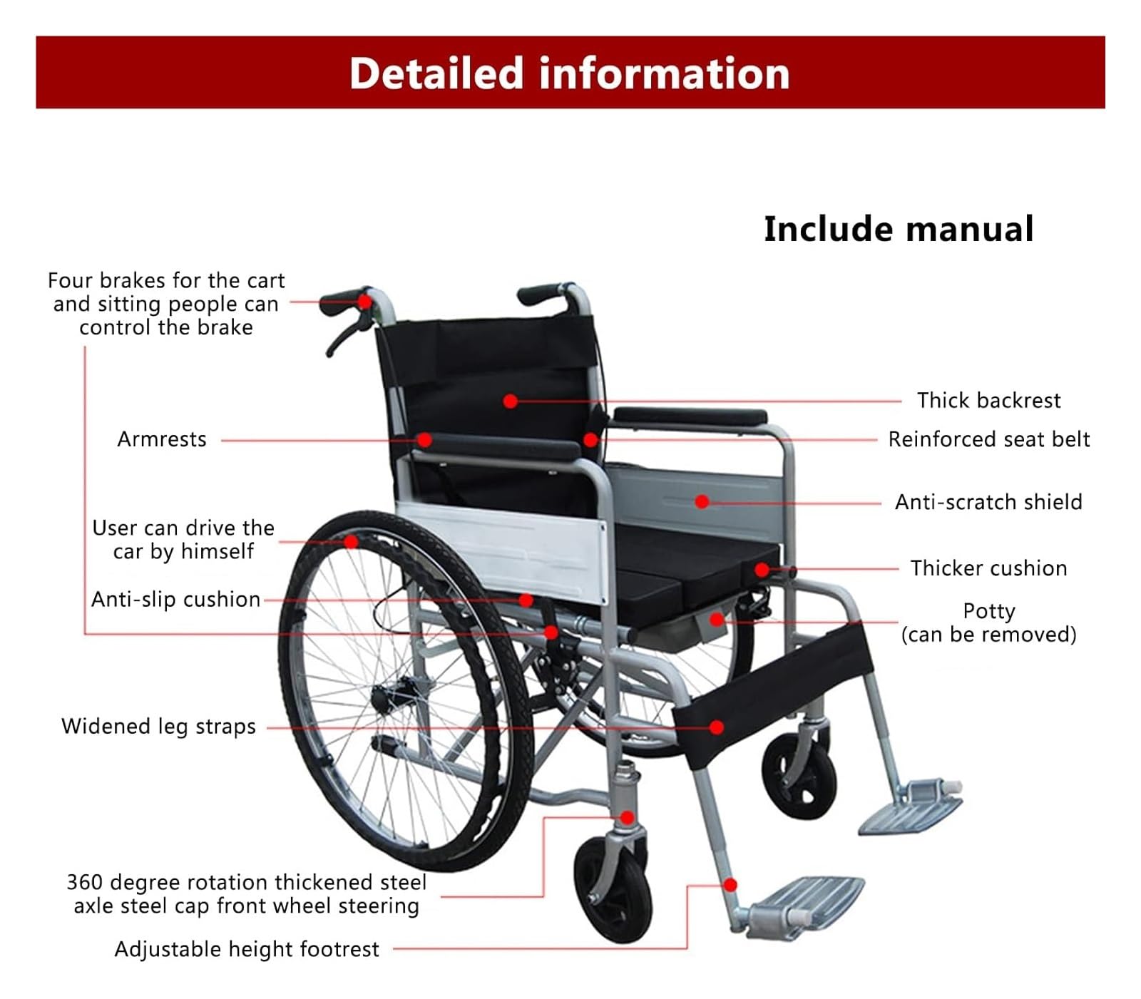 Silla De Ruedas Plegable Silla De Ruedas, Silla De Ruedas Manual Ligera, Silla De Transporte Plegable con Reposapiés, Compacta, Capacidad De Peso De 286 LB