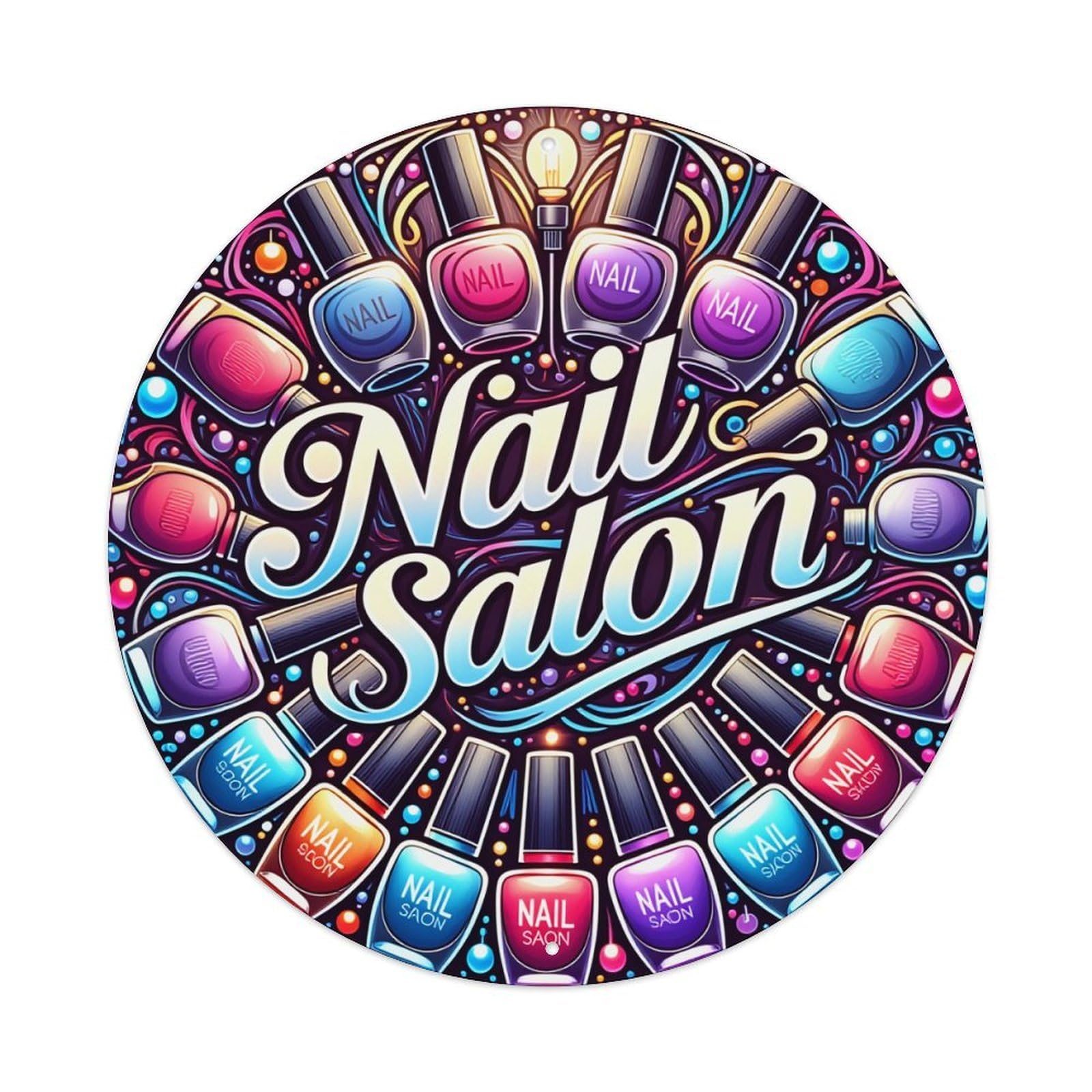 Nail Salon Colorful Bottles Pattern Retro Metal Sign Round Tin Sign, Vintage Decor Art Poster for Bar, Home, Man Cave, Kitchen, Laundry Room Gift 8x8Inch