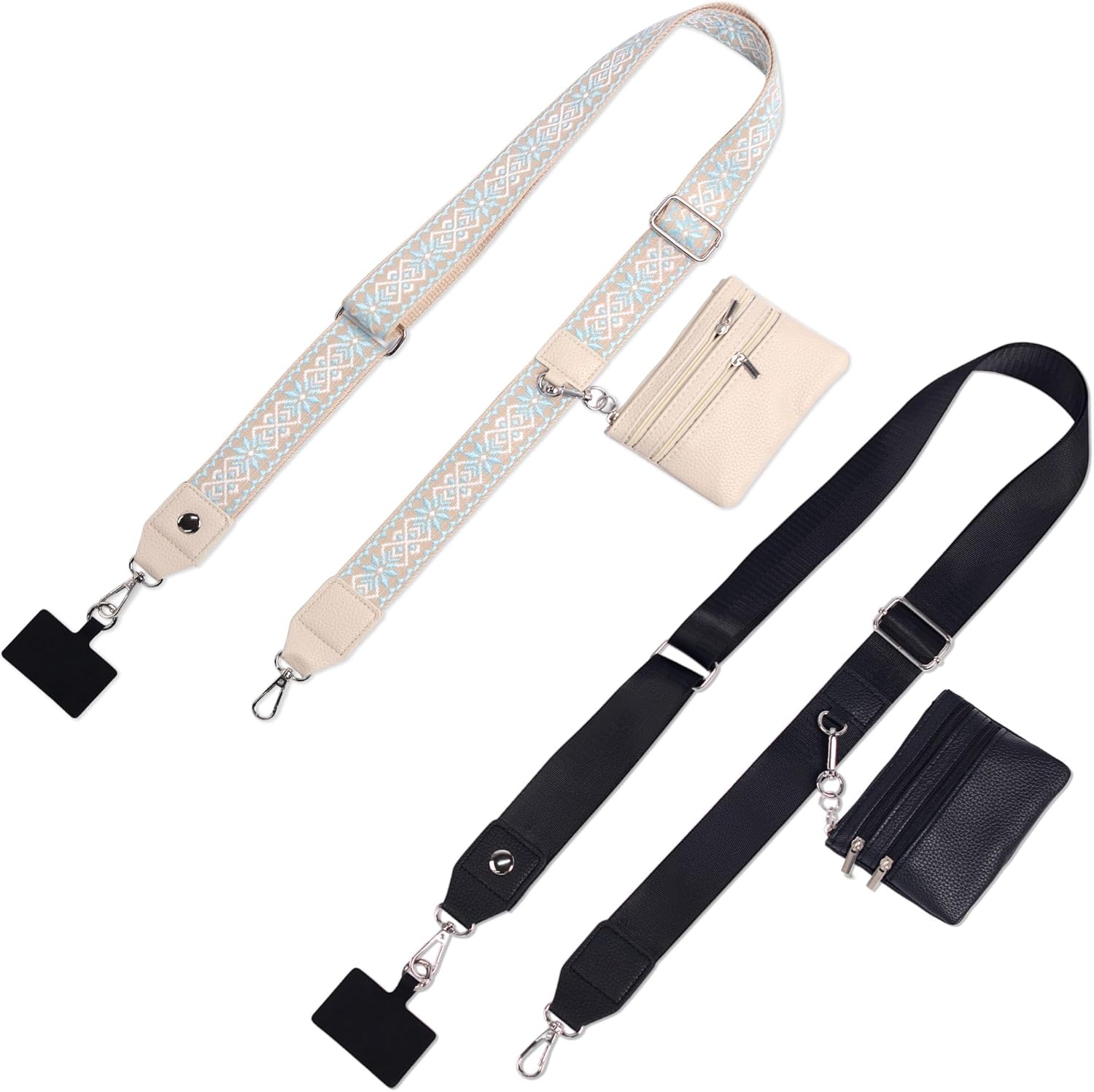 (Similar to)2 Pack Clip and Go Strap for Phone with Wallet Crossbody - Phone Strap Crossbody with Zippered Pouch, Multifuctional Adjustable Cell Phone Lanyard for Going out Black + Beige