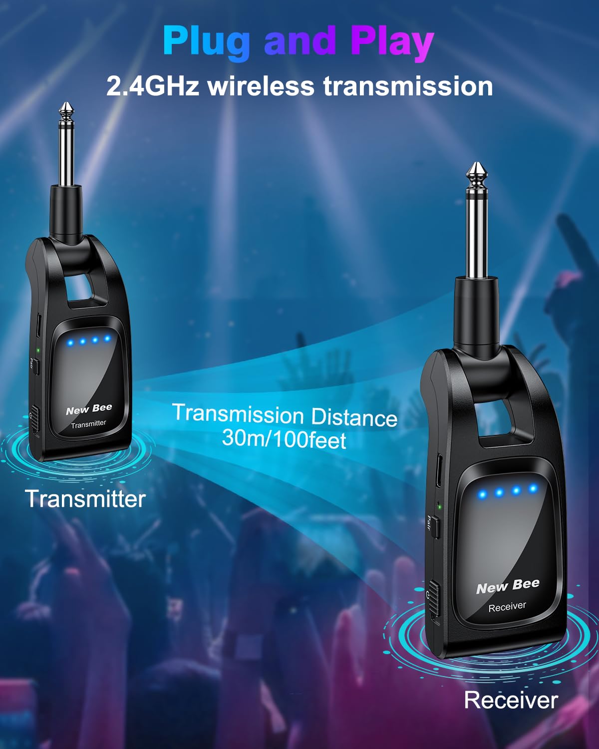 Wireless Guitar System 2.4GHz with 6 Channels Rechargeable Audio Wireless Guitar Transmitter Receiver for Guitar Bass Electric Instruments