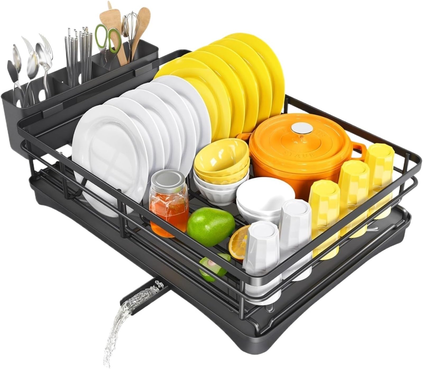 DSFVERVD Drain rack Dish Drying Rack for Kitchen Counter Large with Drainboard Rustproof Drainer with Utensil Holder for Sink(Black)