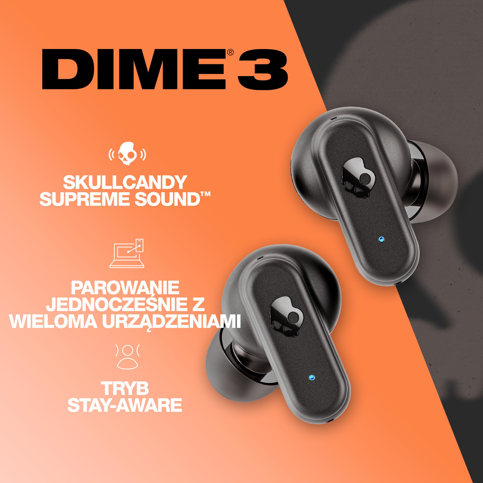Skullcandy Dime 3 Bezprzewodowe Słuchawki Douszne, 20 godz. Słuchania, Mikrofon, Obsługa iPhone’a, Androida i urządzeń Bluetooth – Czarny