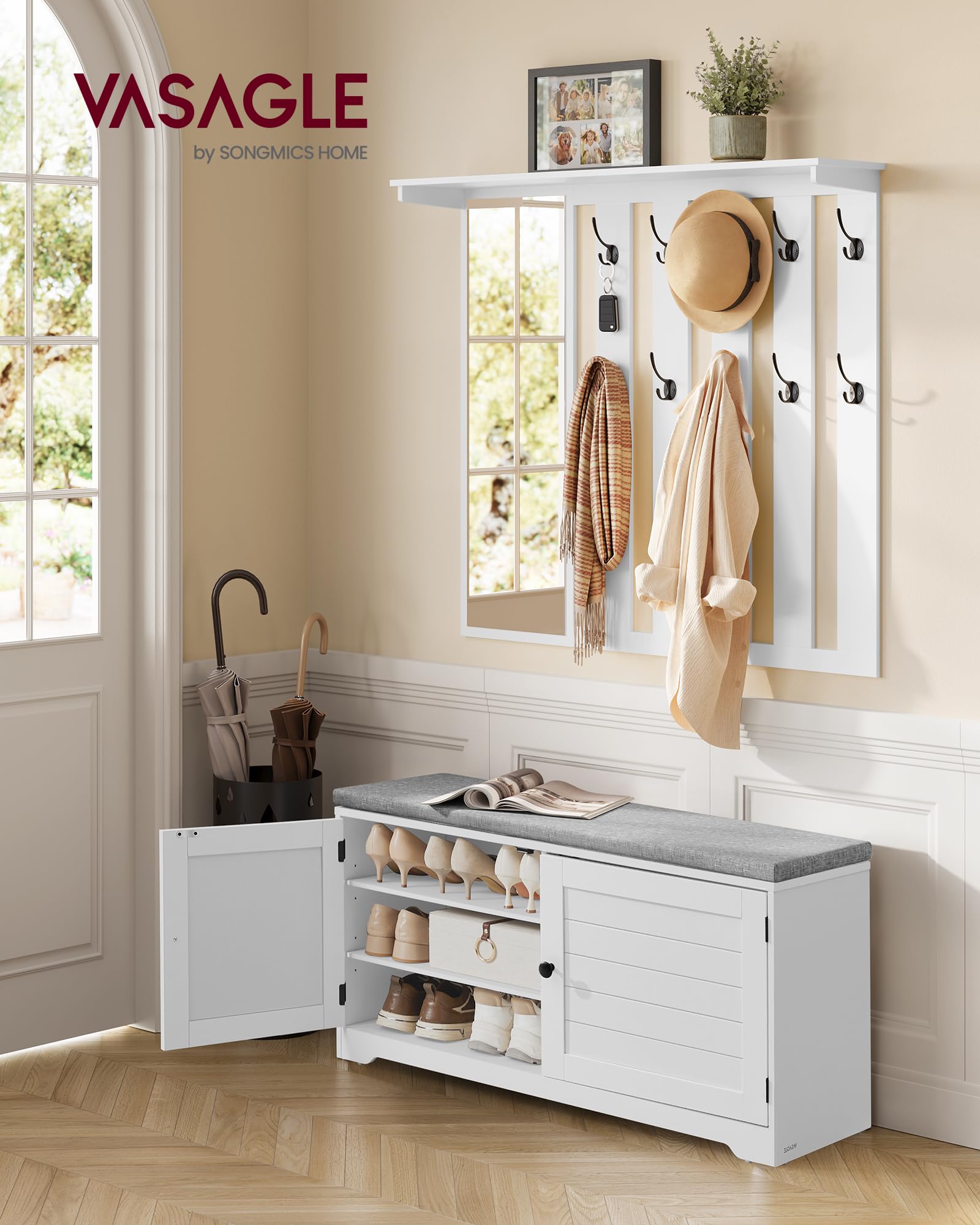 VASAGLE Schuhbank Wandgarderobe Set mit Spiegel, 10 Doppelhaken, Schuhschrank verstellbare Ablagen, Doppeltüren, Sitzbank, Sitzpolster abnehmbar, 101 cm breit, wolkenweiß LSC011W01