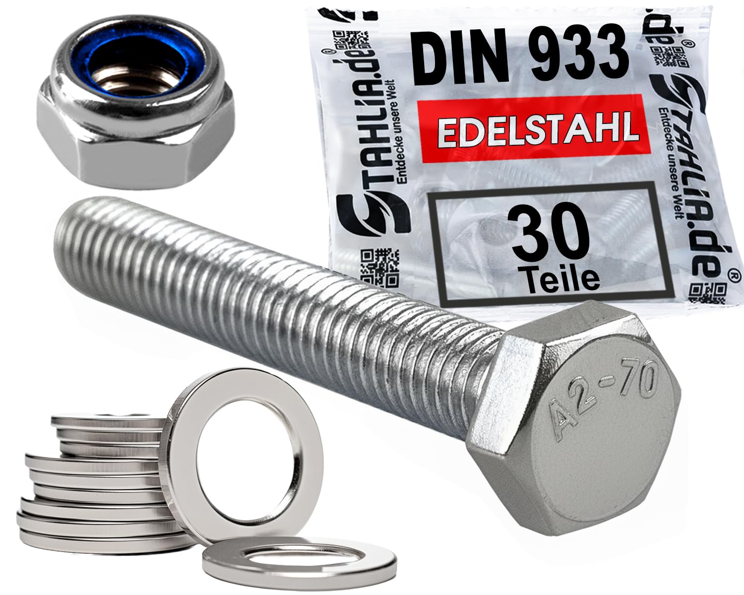 Stahlia 10 Sechskantschrauben 10 Unterlegscheiben & 10 Muttern Set Edelstahl M5 x 50 mm Vollgewinde (30 Teile) DIN 933|125|985 Maschinenschrauben Außensechskant