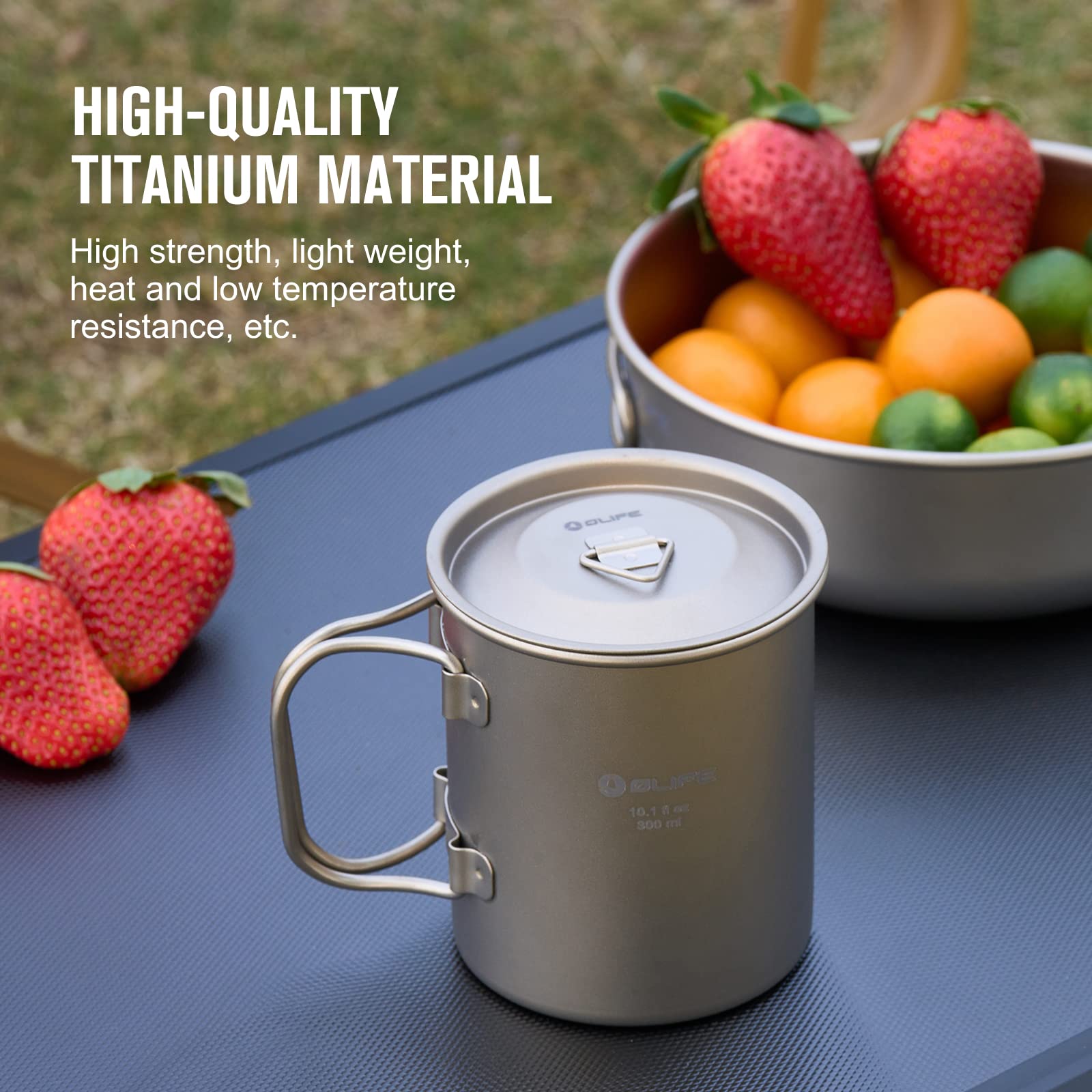 OLIFE Tasse de camping en titane avec couvercle, poignée pliable, sac à dos, tasse portable ultra légère pour camping, voyage, randonnée, extérieur et utilisation quotidienne (300ml)